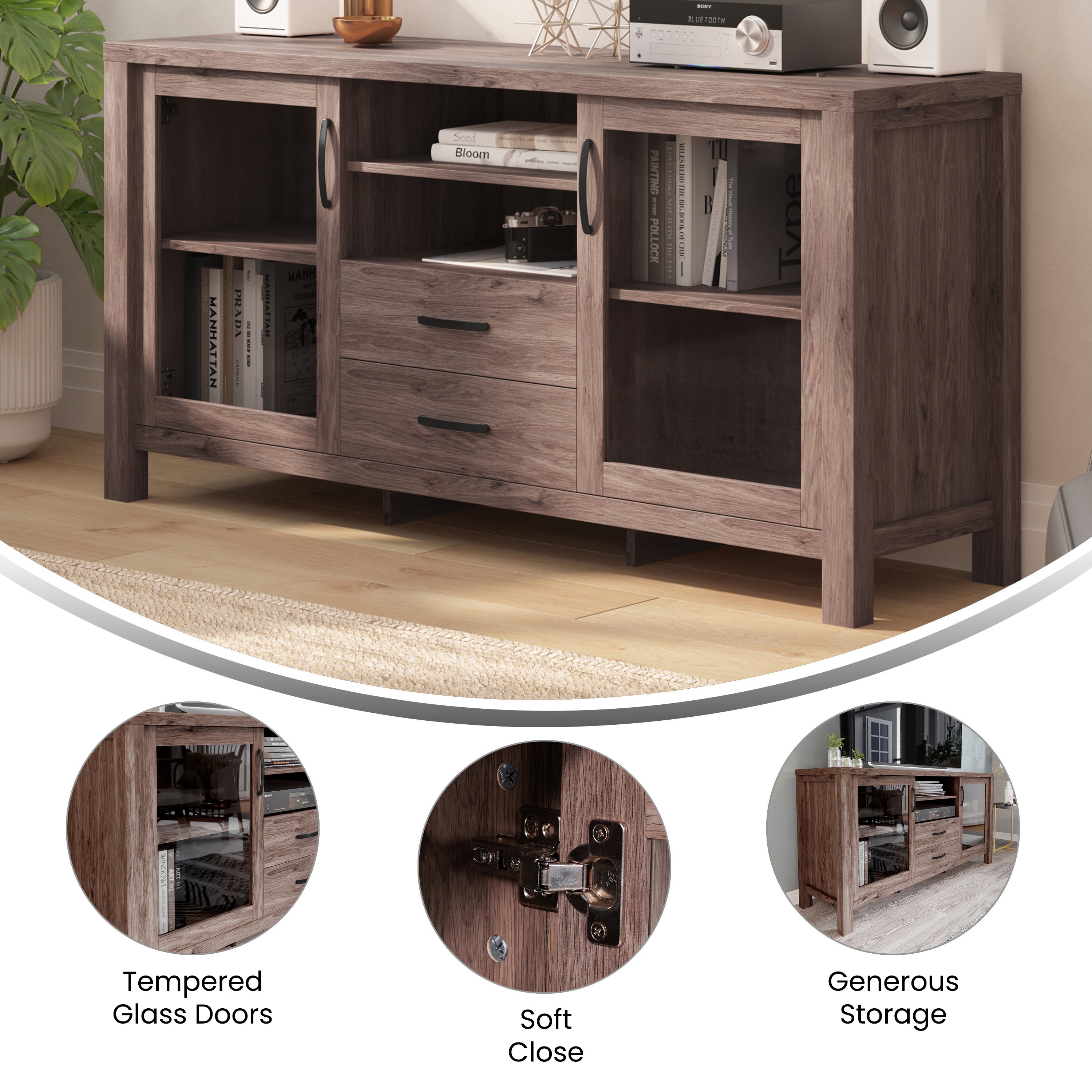 Dion Brown 59 Inch Modern Kitchen and Dining Room Buffet Sideboard Storage Cabinet, Engineered Wood with 2 Tempered Glass Doors, 2 Drawers, Open Shelf