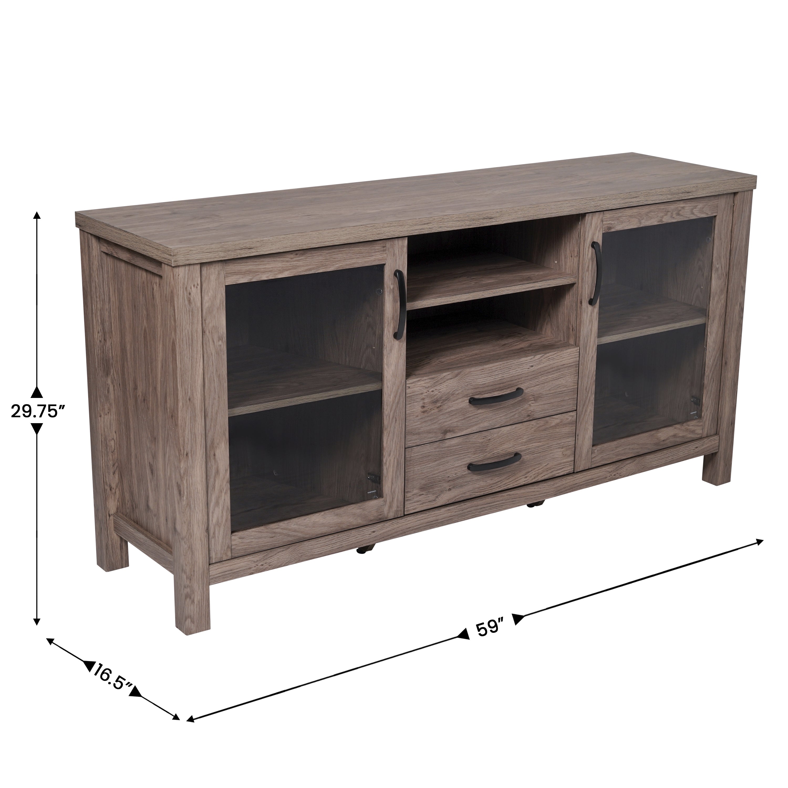 Dion Brown 59 Inch Modern Kitchen and Dining Room Buffet Sideboard Storage Cabinet, Engineered Wood with 2 Tempered Glass Doors, 2 Drawers, Open Shelf