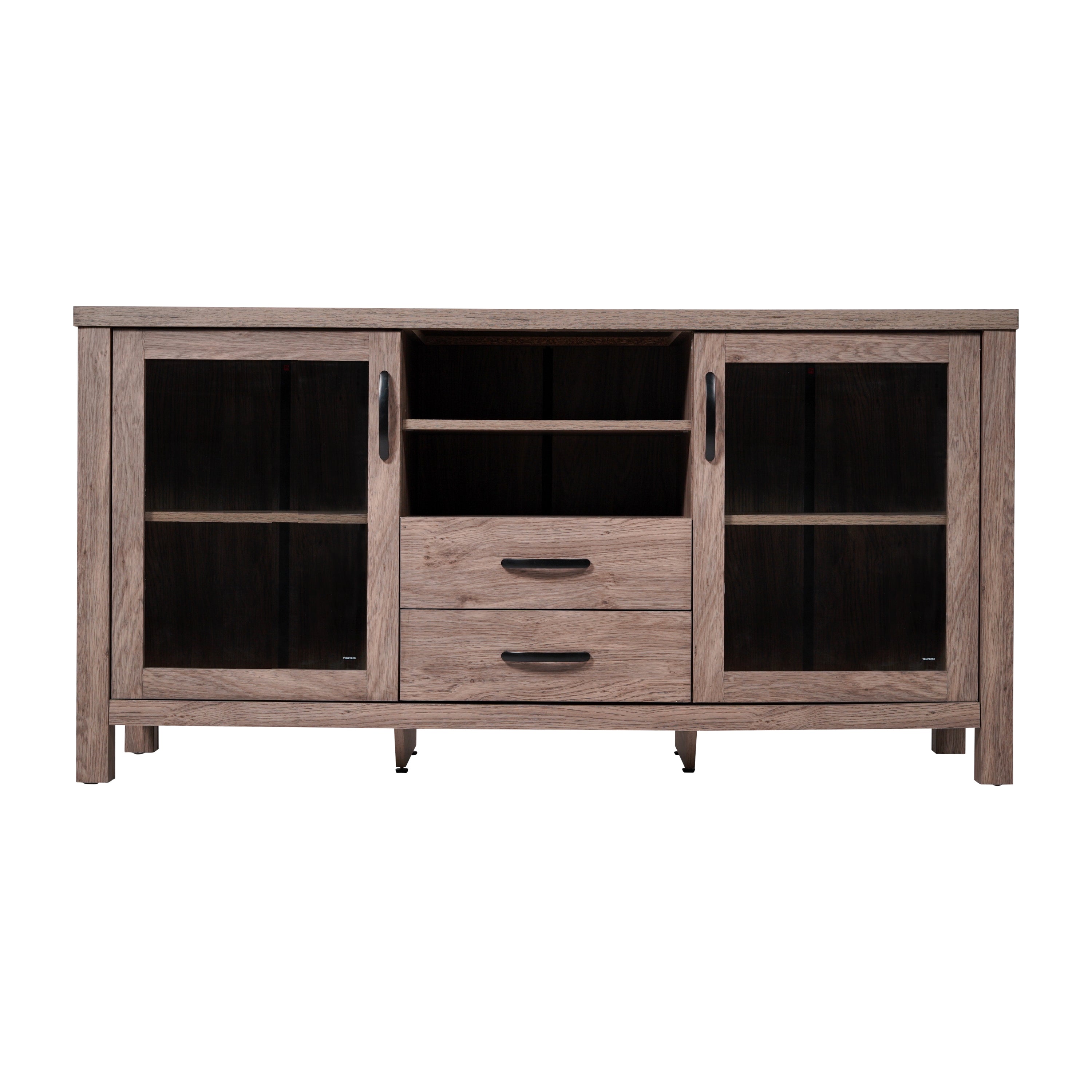 Dion Brown 59 Inch Modern Kitchen and Dining Room Buffet Sideboard Storage Cabinet, Engineered Wood with 2 Tempered Glass Doors, 2 Drawers, Open Shelf