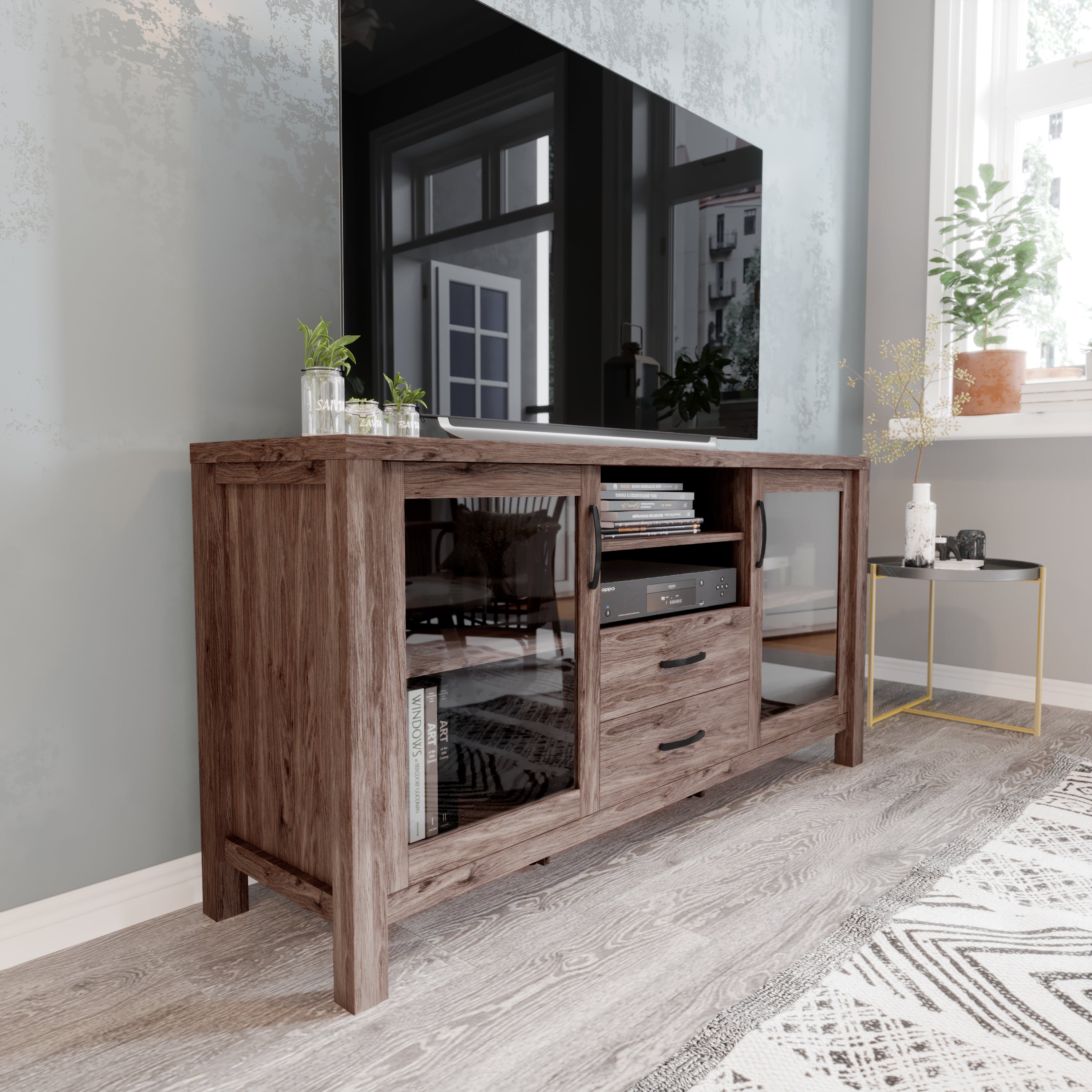 Dion Brown 59 Inch Modern Kitchen and Dining Room Buffet Sideboard Storage Cabinet, Engineered Wood with 2 Tempered Glass Doors, 2 Drawers, Open Shelf