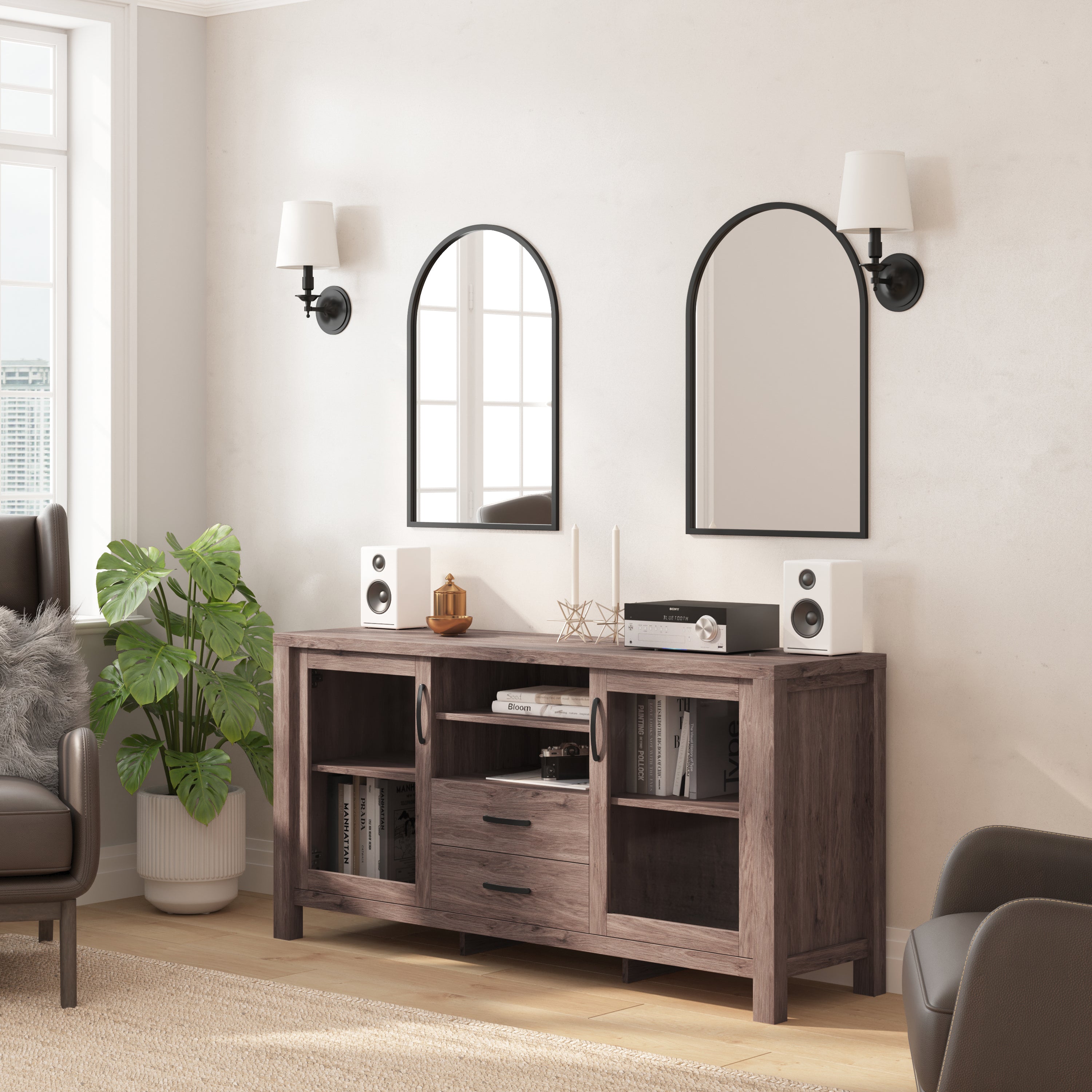 Dion Brown 59 Inch Modern Kitchen and Dining Room Buffet Sideboard Storage Cabinet, Engineered Wood with 2 Tempered Glass Doors, 2 Drawers, Open Shelf