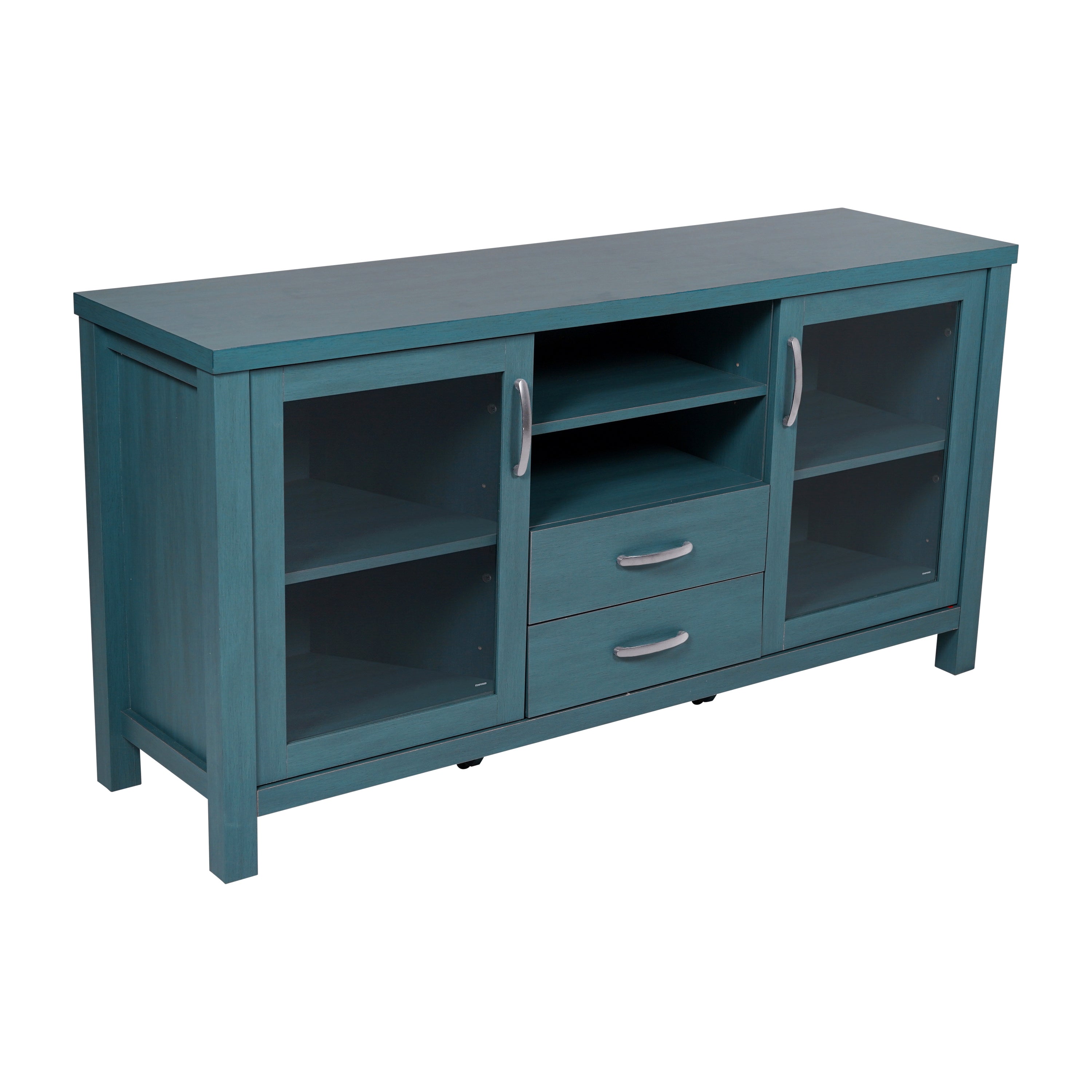 Dion Teal 59 Inch Modern Kitchen and Dining Room Buffet Sideboard Storage Cabinet, Engineered Wood with 2 Tempered Glass Doors, 2 Drawers, Open Shelf