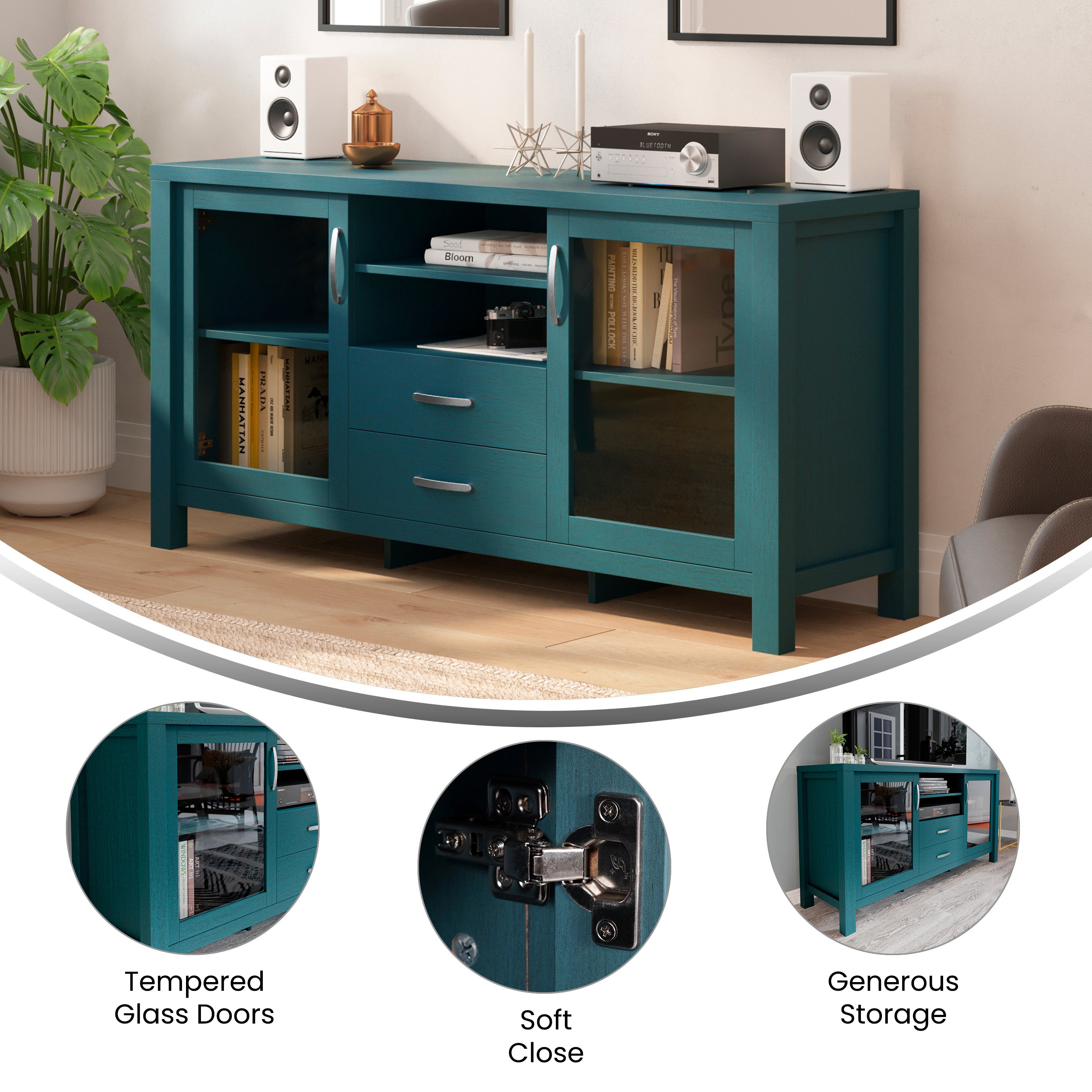 Dion Teal 59 Inch Modern Kitchen and Dining Room Buffet Sideboard Storage Cabinet, Engineered Wood with 2 Tempered Glass Doors, 2 Drawers, Open Shelf