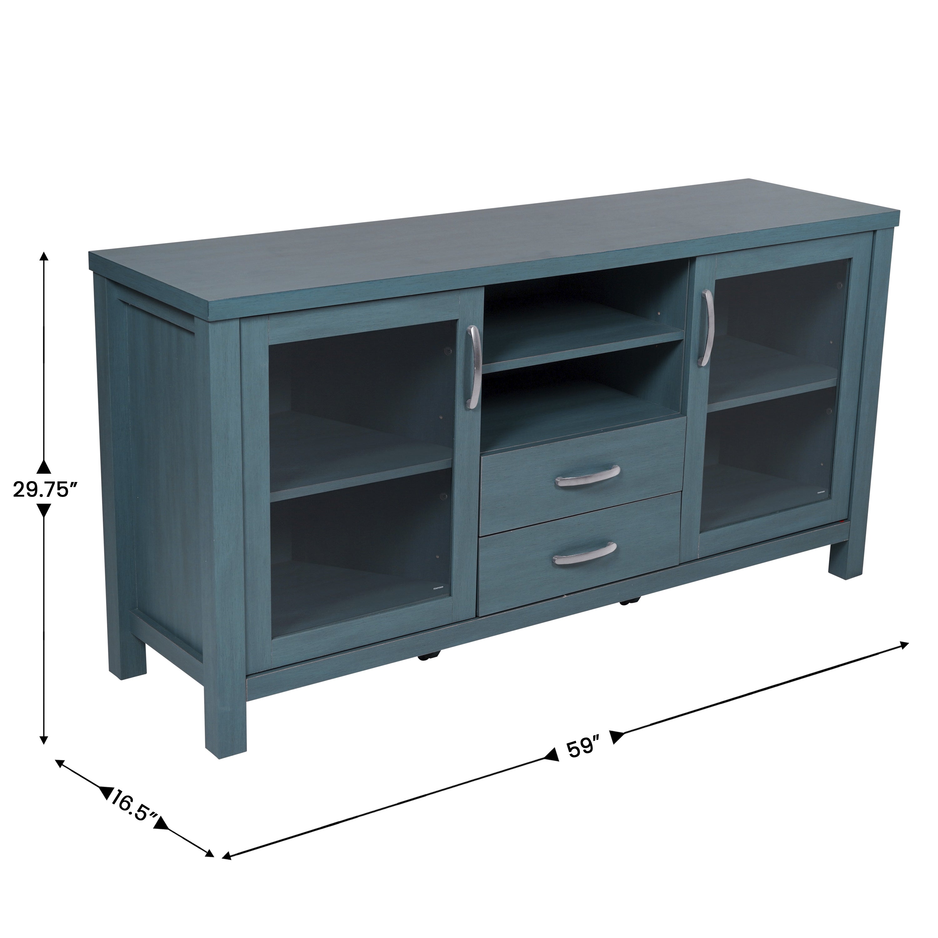 Dion Teal 59 Inch Modern Kitchen and Dining Room Buffet Sideboard Storage Cabinet, Engineered Wood with 2 Tempered Glass Doors, 2 Drawers, Open Shelf