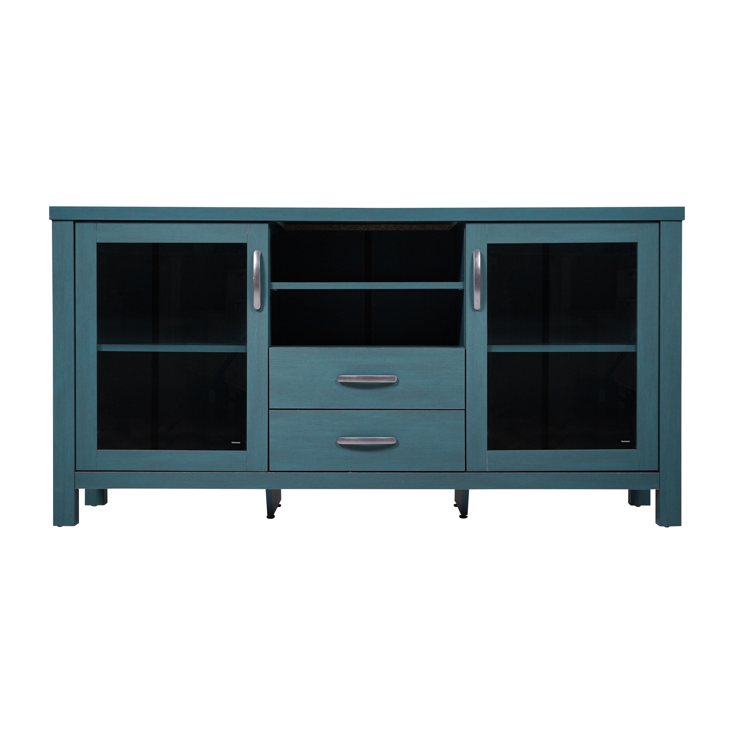Dion Teal 59 Inch Modern Kitchen and Dining Room Buffet Sideboard Storage Cabinet, Engineered Wood with 2 Tempered Glass Doors, 2 Drawers, Open Shelf