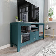 Dion Teal 59 Inch Modern Kitchen and Dining Room Buffet Sideboard Storage Cabinet, Engineered Wood with 2 Tempered Glass Doors, 2 Drawers, Open Shelf