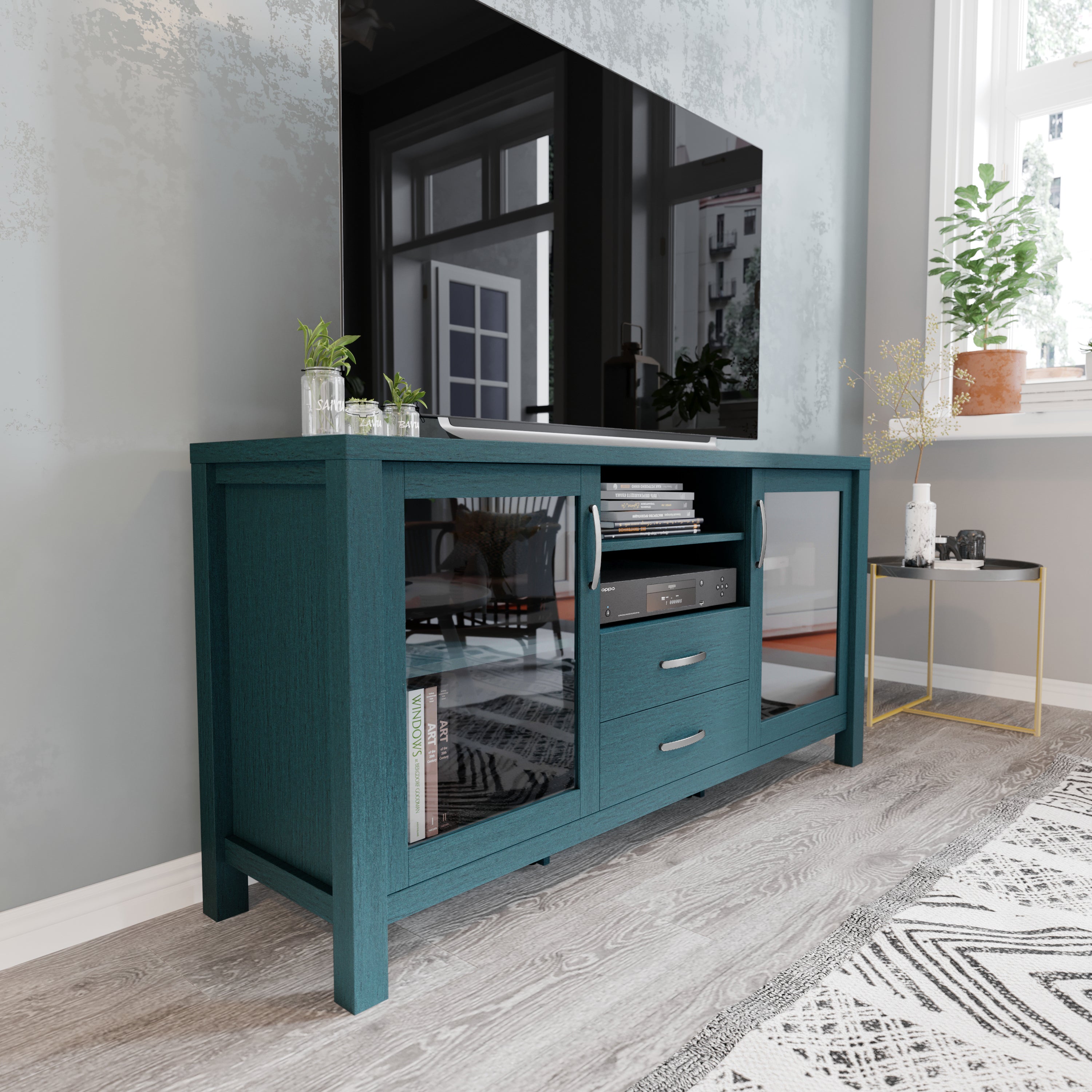 Dion Teal 59 Inch Modern Kitchen and Dining Room Buffet Sideboard Storage Cabinet, Engineered Wood with 2 Tempered Glass Doors, 2 Drawers, Open Shelf