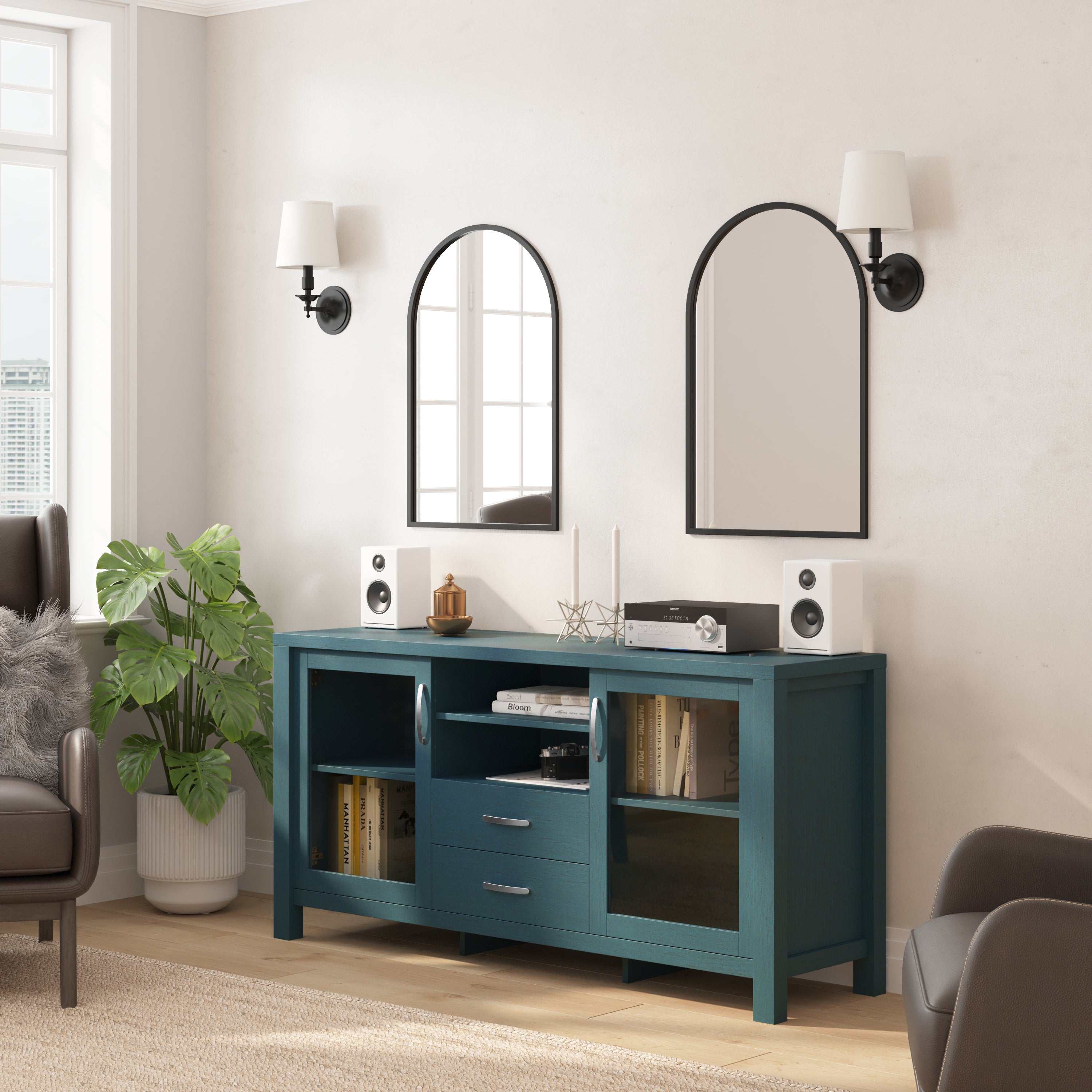 Dion Teal 59 Inch Modern Kitchen and Dining Room Buffet Sideboard Storage Cabinet, Engineered Wood with 2 Tempered Glass Doors, 2 Drawers, Open Shelf