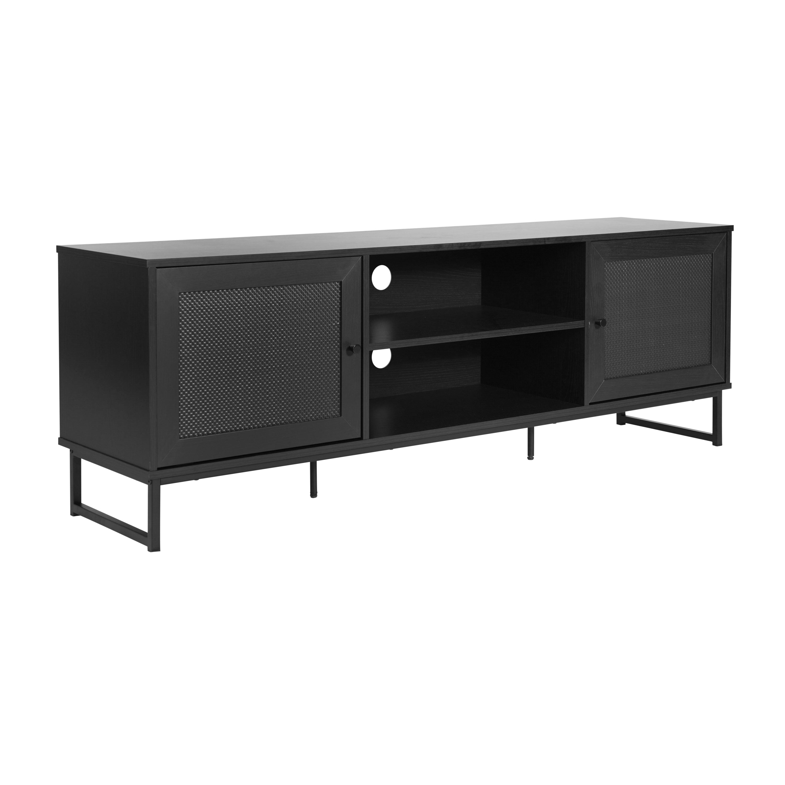 Malaki Mid-Century Modern 65 Inch TV Stand with 2 Rattan Soft Close Doors and Fixed Center Shelf, TV Stand for up to 70" TV's in Black