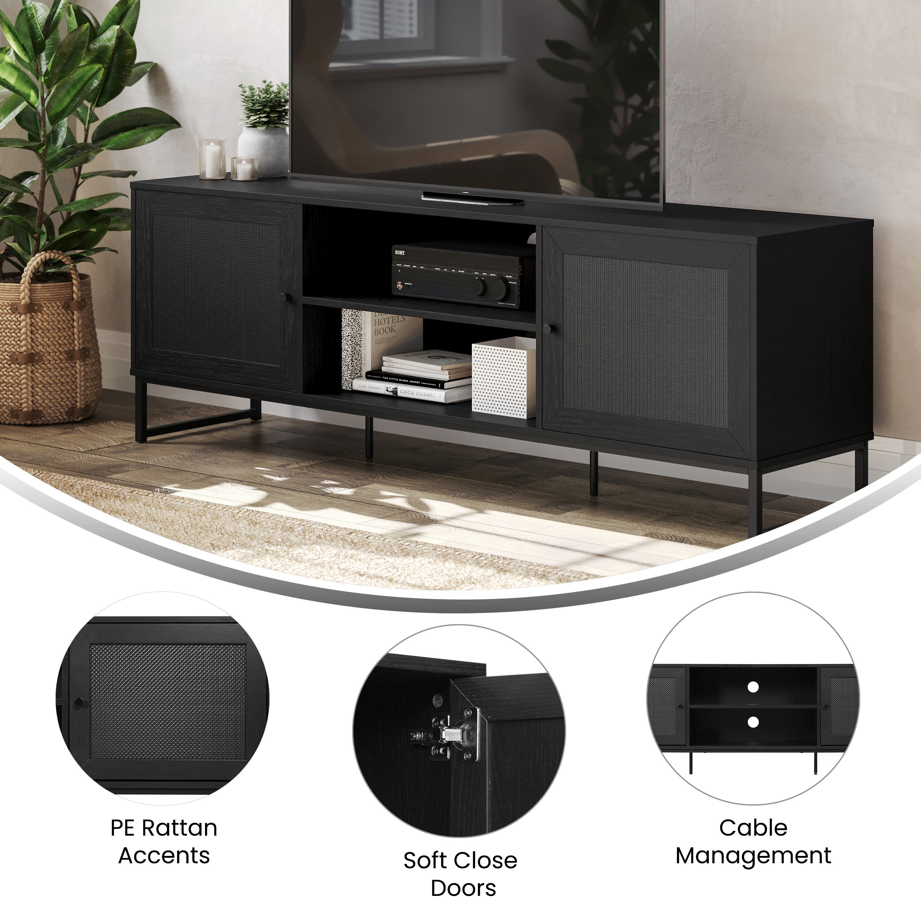 Malaki Mid-Century Modern 65 Inch TV Stand with 2 Rattan Soft Close Doors and Fixed Center Shelf, TV Stand for up to 70" TV's in Black