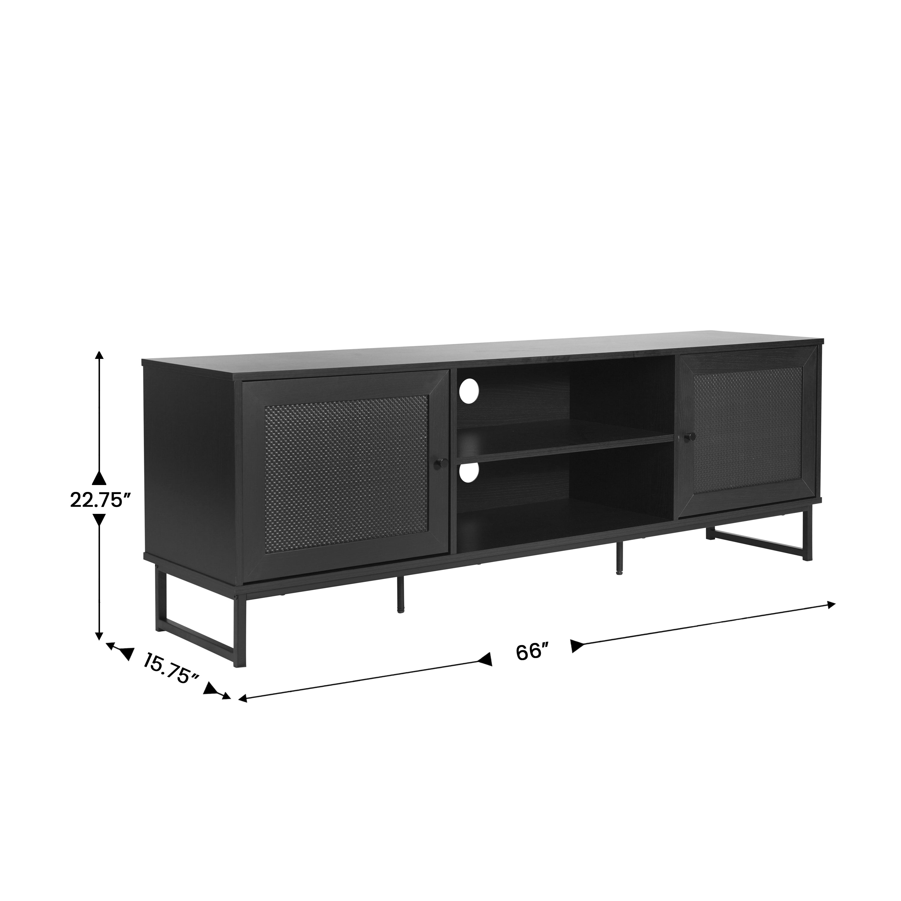 Malaki Mid-Century Modern 65 Inch TV Stand with 2 Rattan Soft Close Doors and Fixed Center Shelf, TV Stand for up to 70" TV's in Black