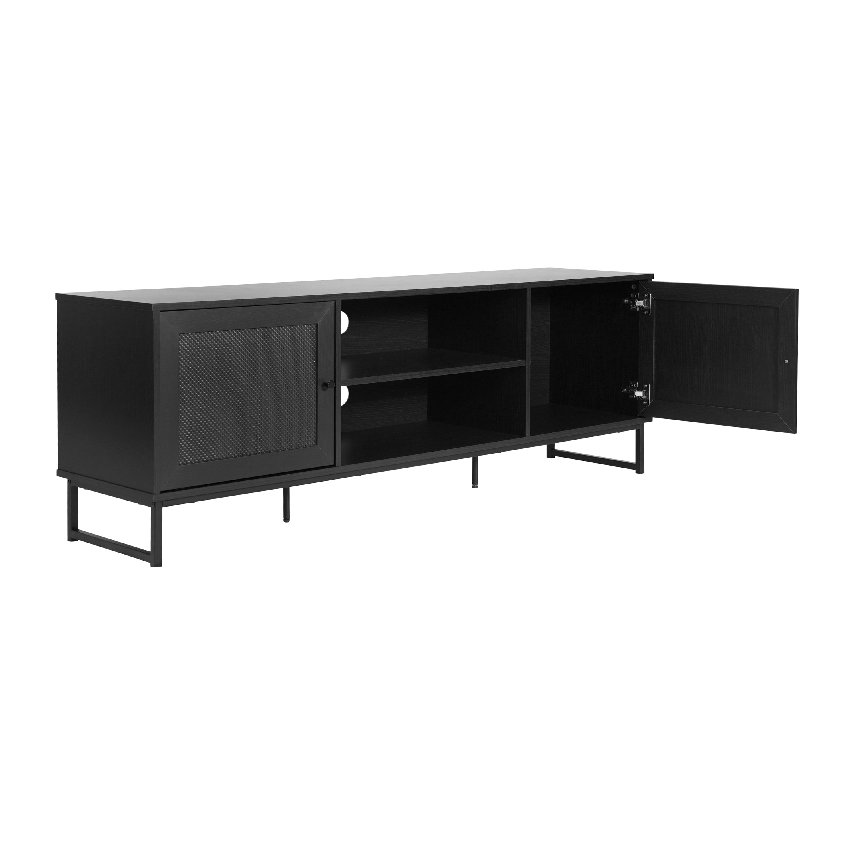 Malaki Mid-Century Modern 65 Inch TV Stand with 2 Rattan Soft Close Doors and Fixed Center Shelf, TV Stand for up to 70" TV's in Black