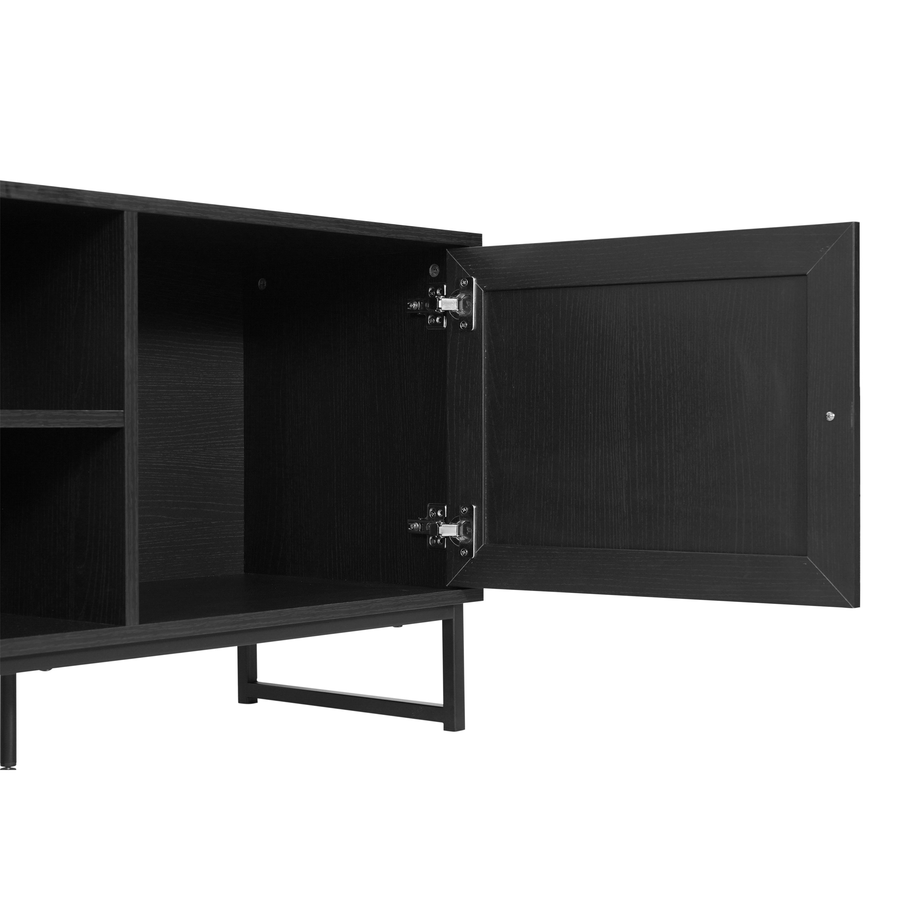 Malaki Mid-Century Modern 65 Inch TV Stand with 2 Rattan Soft Close Doors and Fixed Center Shelf, TV Stand for up to 70" TV's in Black