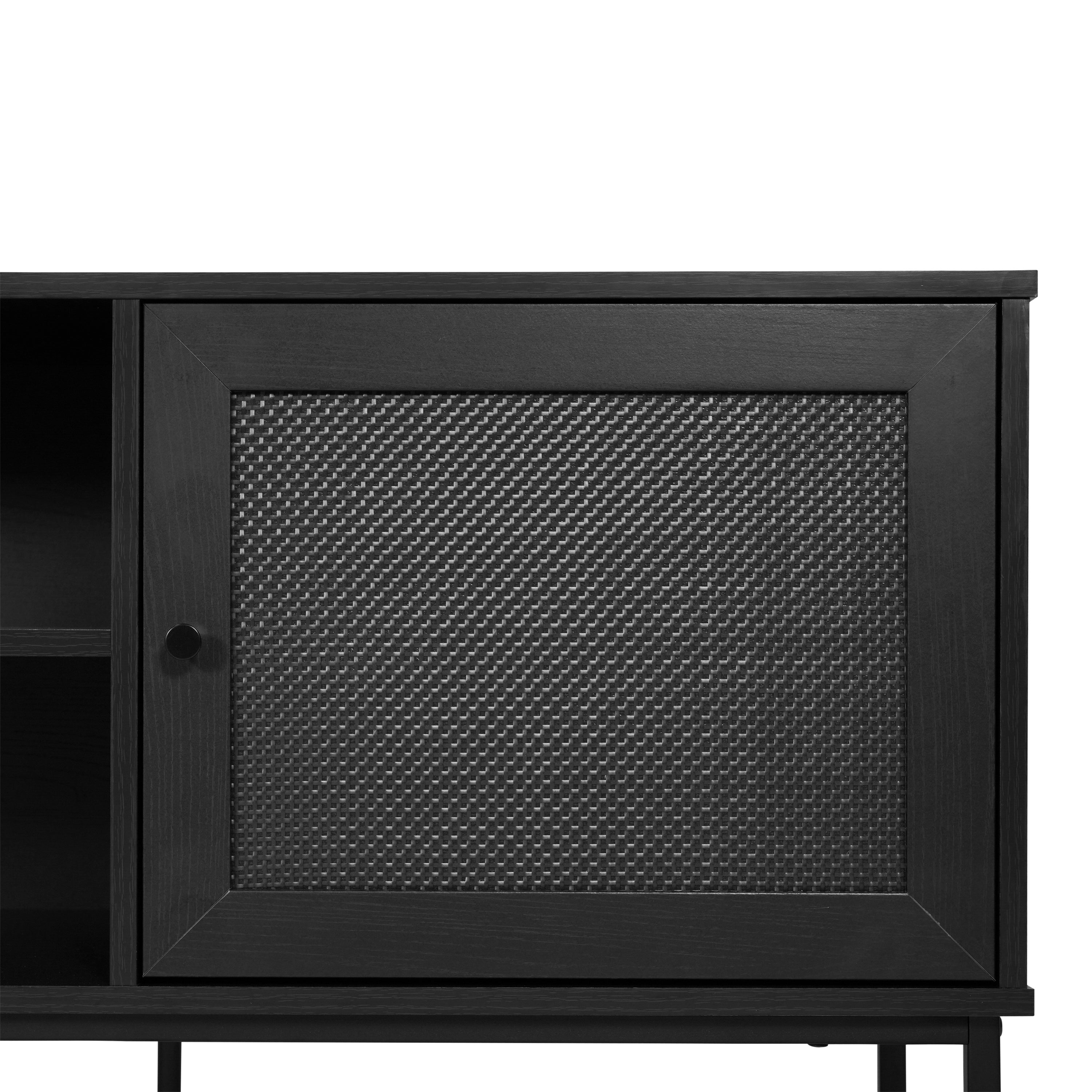 Malaki Mid-Century Modern 65 Inch TV Stand with 2 Rattan Soft Close Doors and Fixed Center Shelf, TV Stand for up to 70" TV's in Black