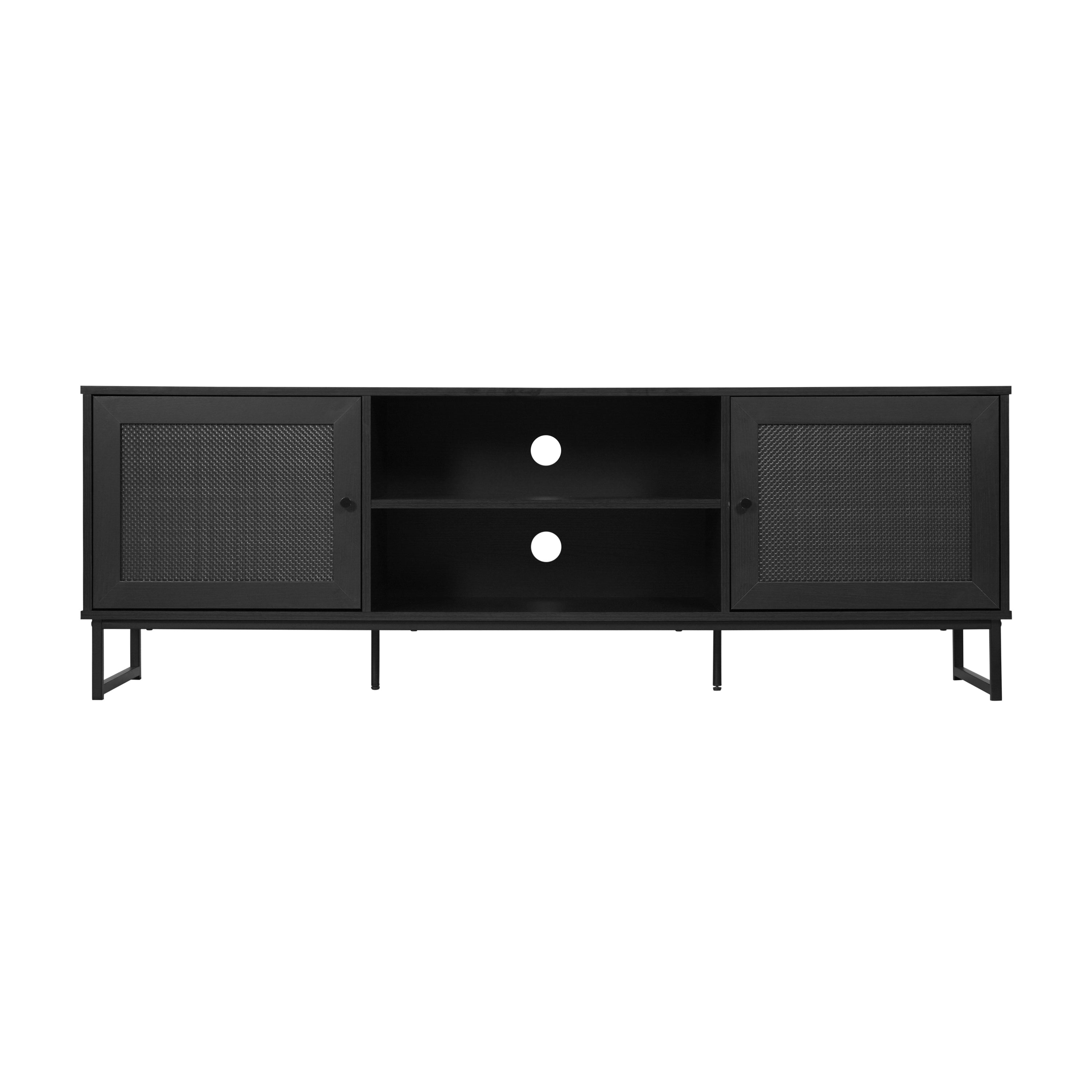 Malaki Mid-Century Modern 65 Inch TV Stand with 2 Rattan Soft Close Doors and Fixed Center Shelf, TV Stand for up to 70" TV's in Black