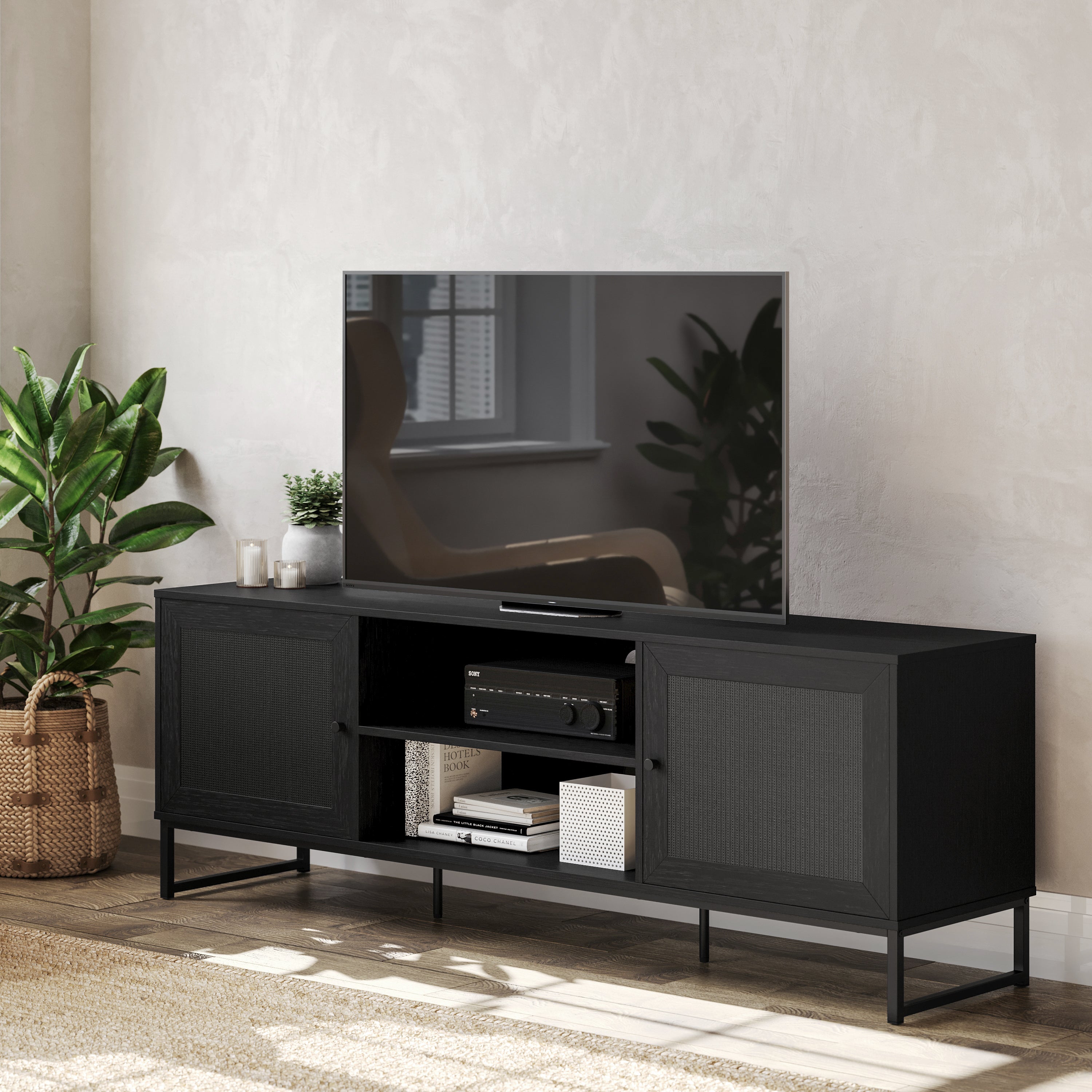 Malaki Mid-Century Modern 65 Inch TV Stand with 2 Rattan Soft Close Doors and Fixed Center Shelf, TV Stand for up to 70" TV's in Black