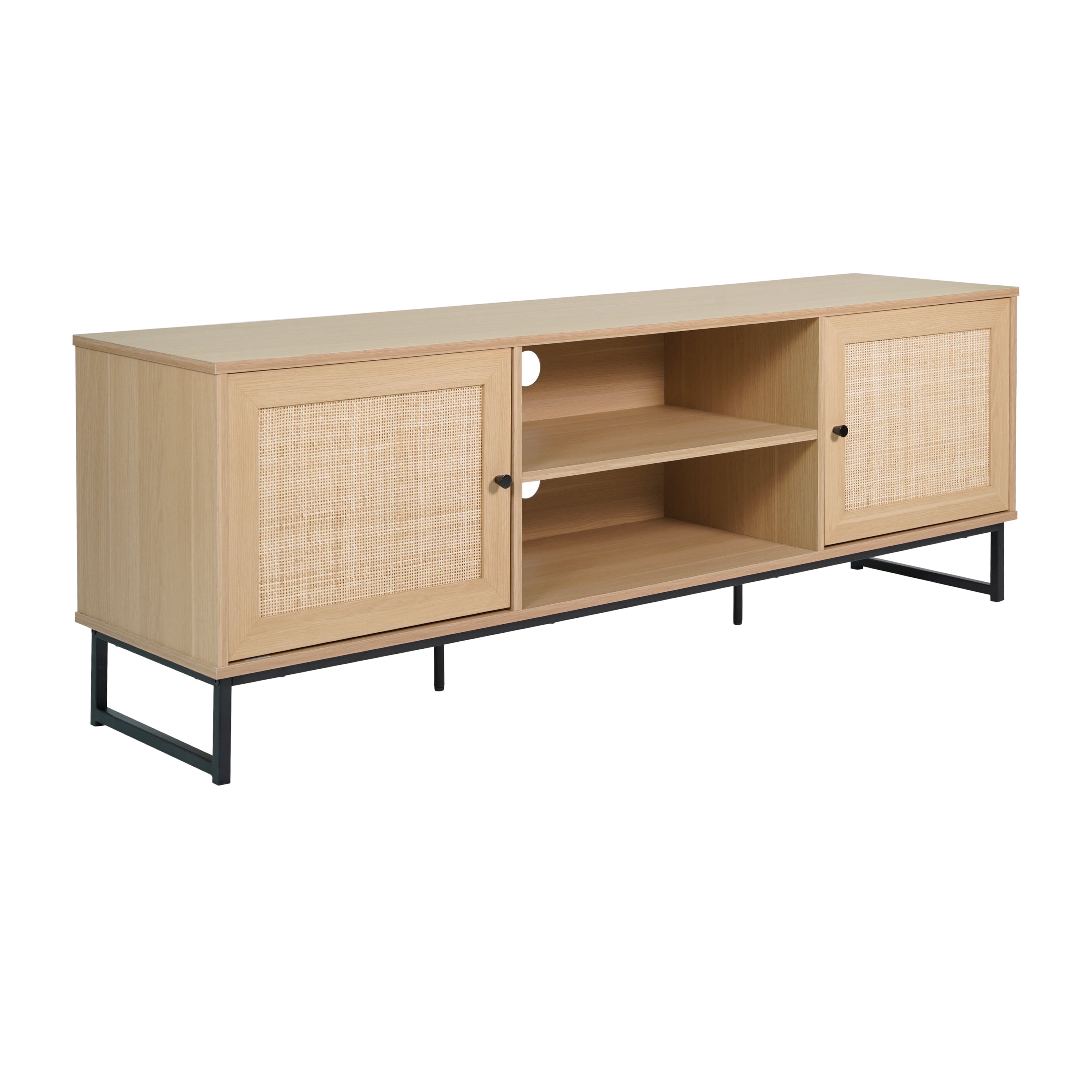 Malaki Mid-Century Modern 65 Inch TV Stand with 2 Rattan Soft Close Doors and Fixed Center Shelf, TV Stand for up to 70" TV's in Natural