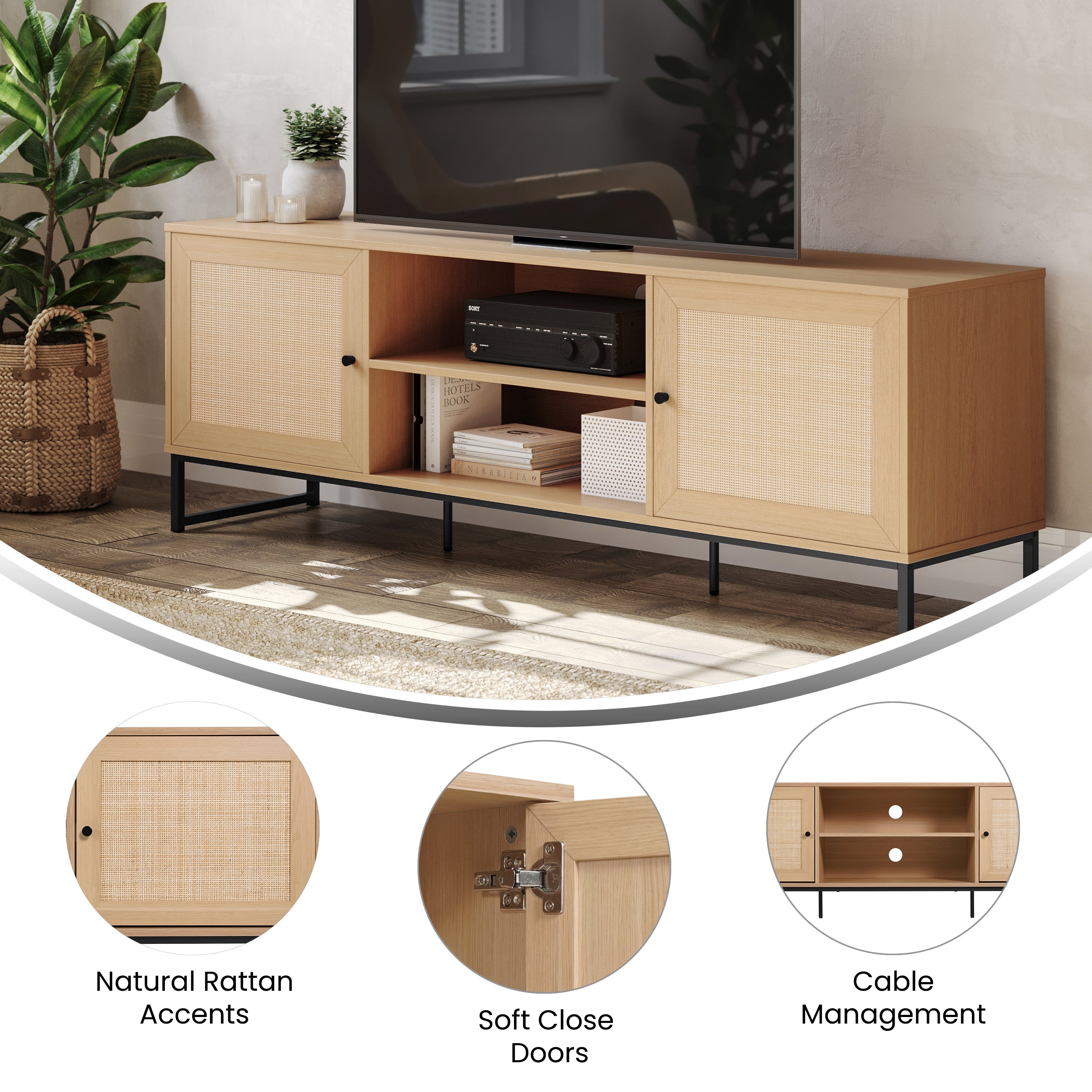 Malaki Mid-Century Modern 65 Inch TV Stand with 2 Rattan Soft Close Doors and Fixed Center Shelf, TV Stand for up to 70" TV's in Natural