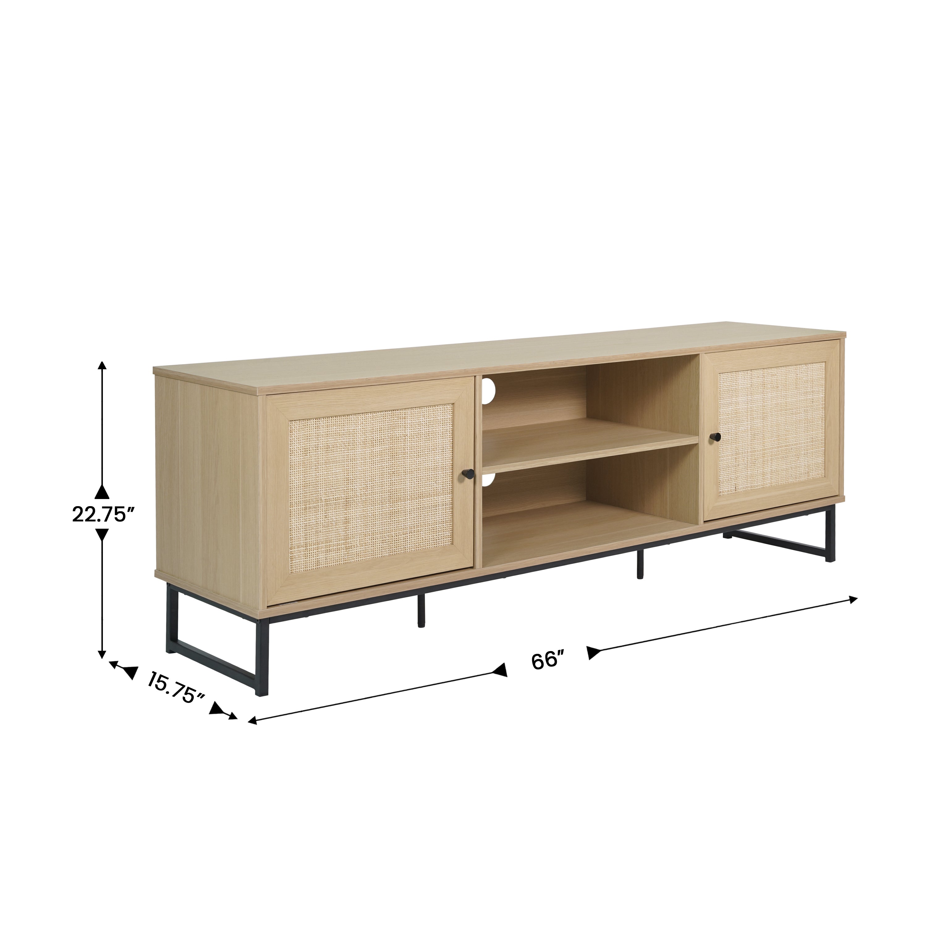 Malaki Mid-Century Modern 65 Inch TV Stand with 2 Rattan Soft Close Doors and Fixed Center Shelf, TV Stand for up to 70" TV's in Natural