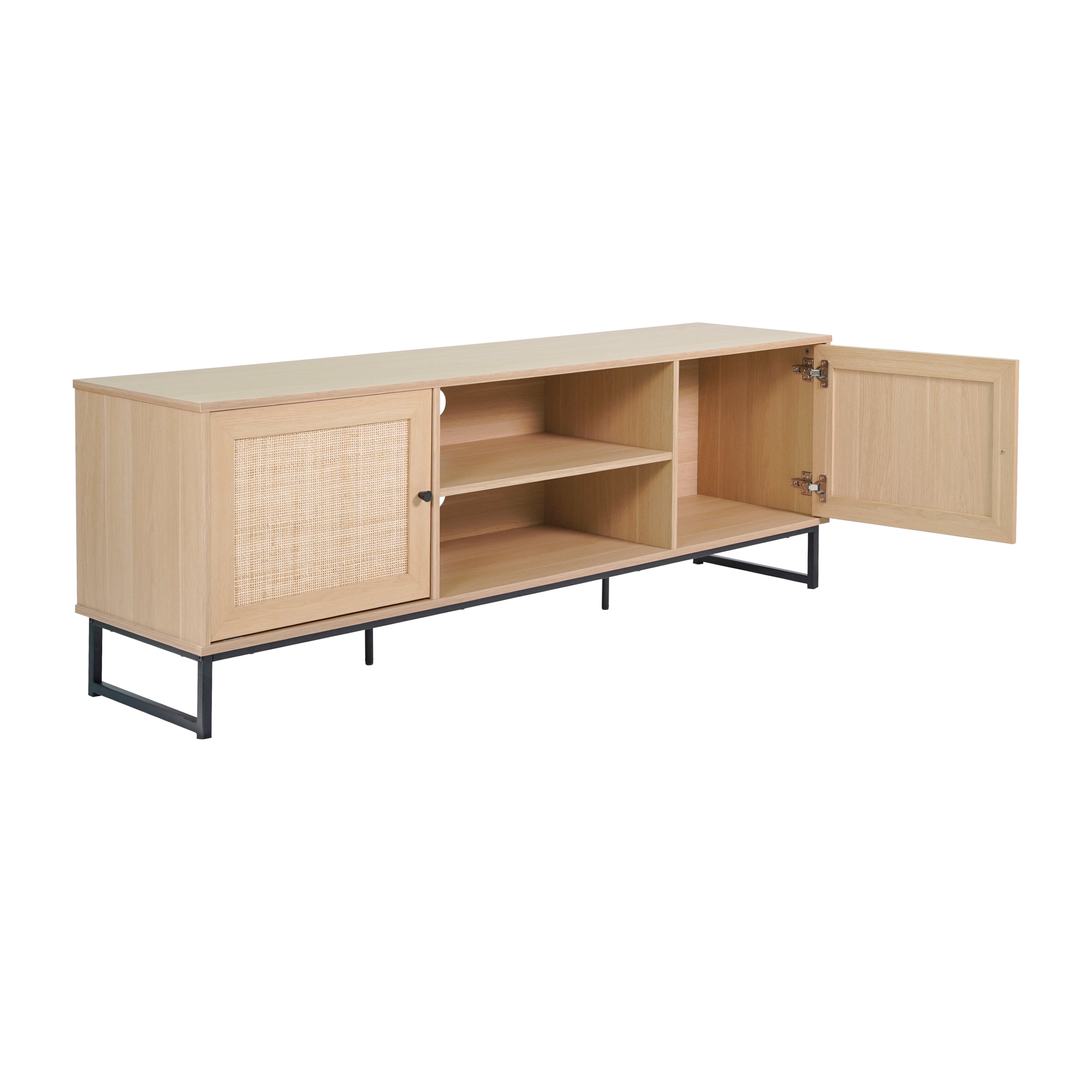 Malaki Mid-Century Modern 65 Inch TV Stand with 2 Rattan Soft Close Doors and Fixed Center Shelf, TV Stand for up to 70" TV's in Natural