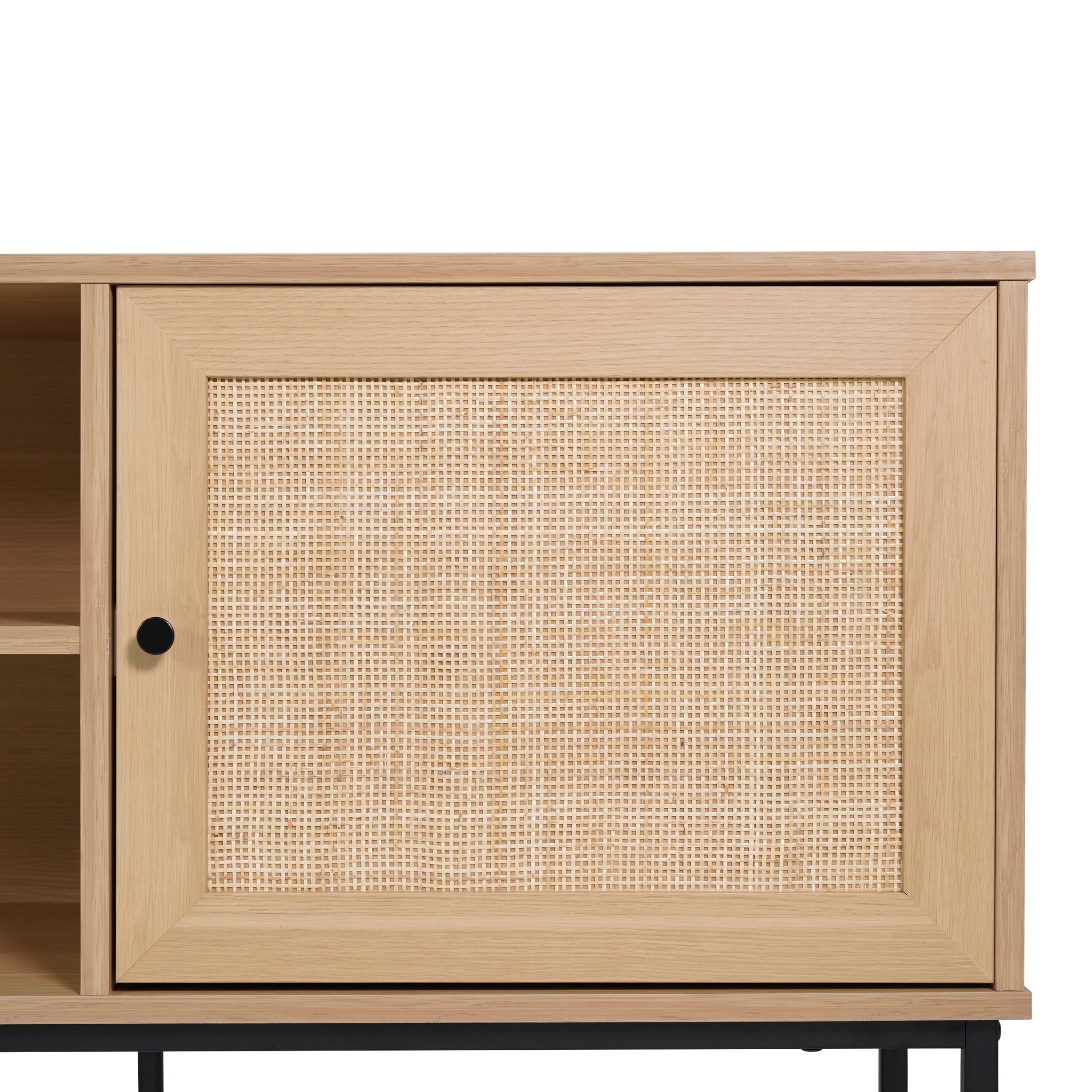 Malaki Mid-Century Modern 65 Inch TV Stand with 2 Rattan Soft Close Doors and Fixed Center Shelf, TV Stand for up to 70" TV's in Natural