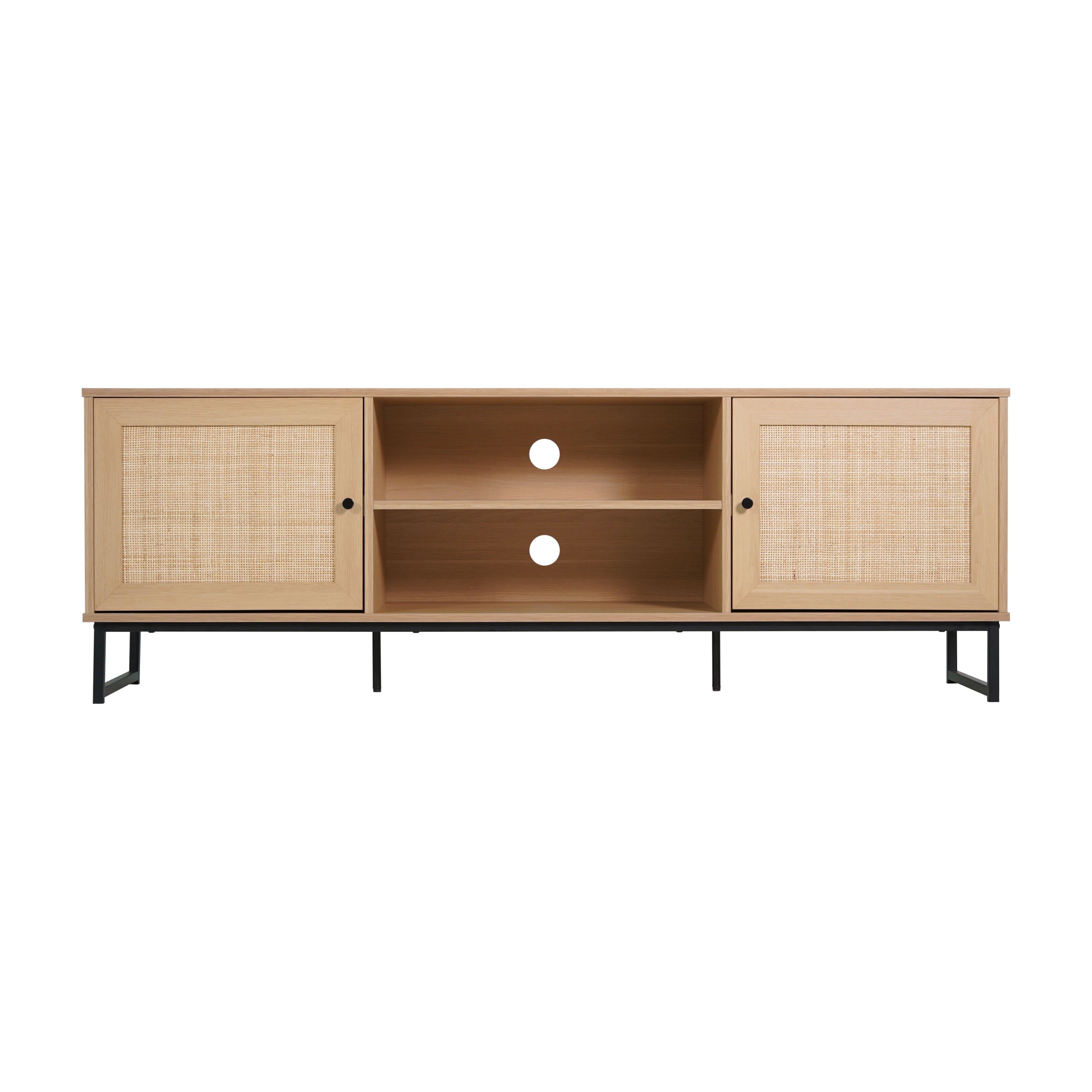 Malaki Mid-Century Modern 65 Inch TV Stand with 2 Rattan Soft Close Doors and Fixed Center Shelf, TV Stand for up to 70" TV's in Natural