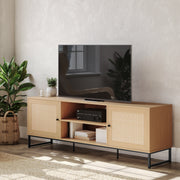 Malaki Mid-Century Modern 65 Inch TV Stand with 2 Rattan Soft Close Doors and Fixed Center Shelf, TV Stand for up to 70" TV's in Natural