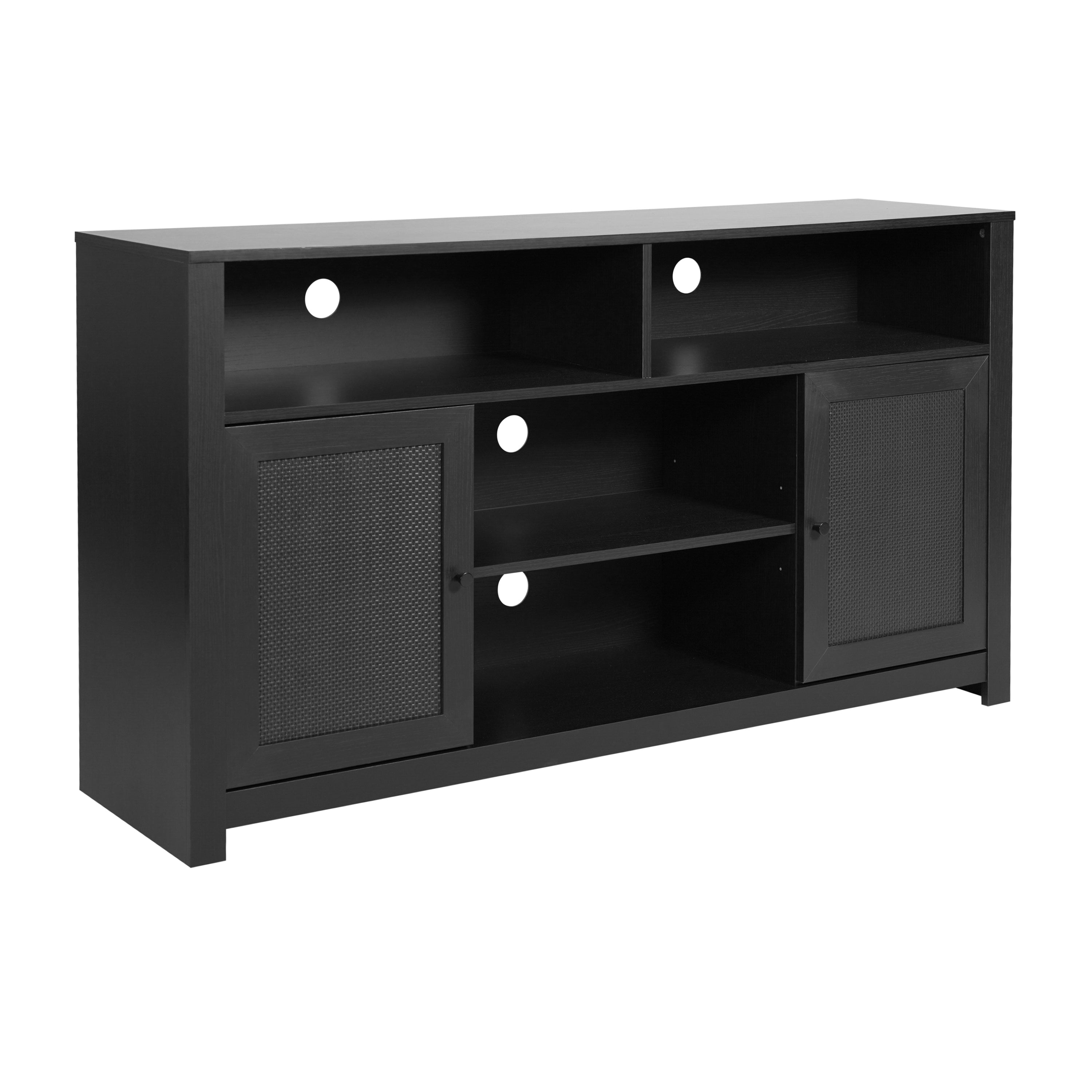 Malaki Mid-Century Modern 58 Inch Buffet Sideboard with 2 Soft Close Doors and Adjustable Center Shelf, TV Stand for up to 65" TV's, Black/Rattan