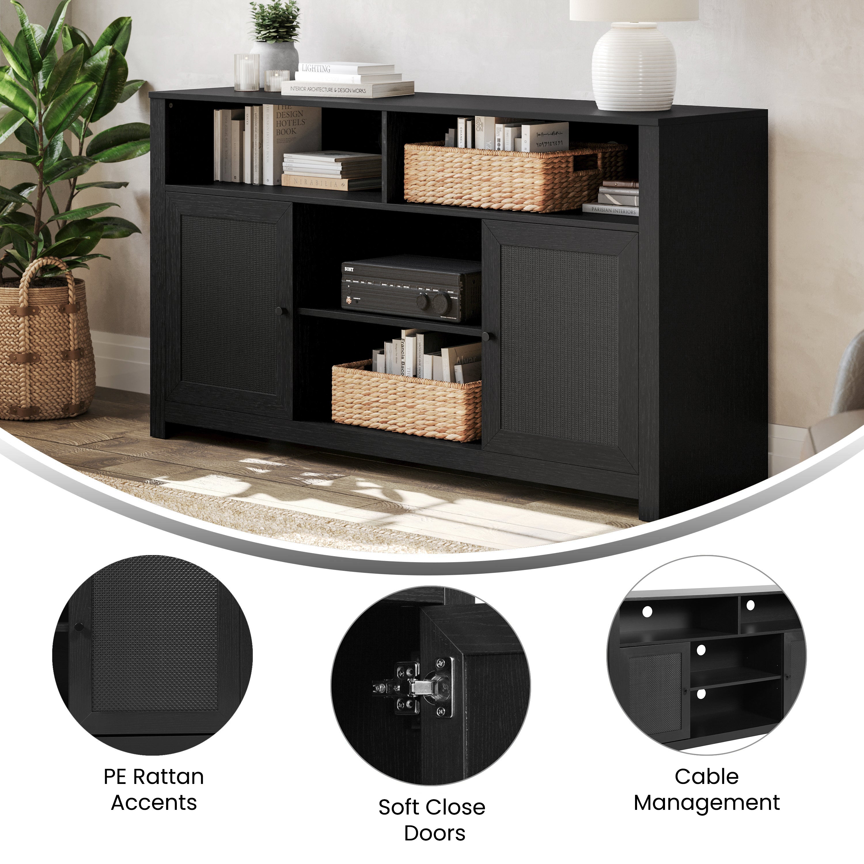 Malaki Mid-Century Modern 58 Inch Buffet Sideboard with 2 Soft Close Doors and Adjustable Center Shelf, TV Stand for up to 65" TV's, Black/Rattan