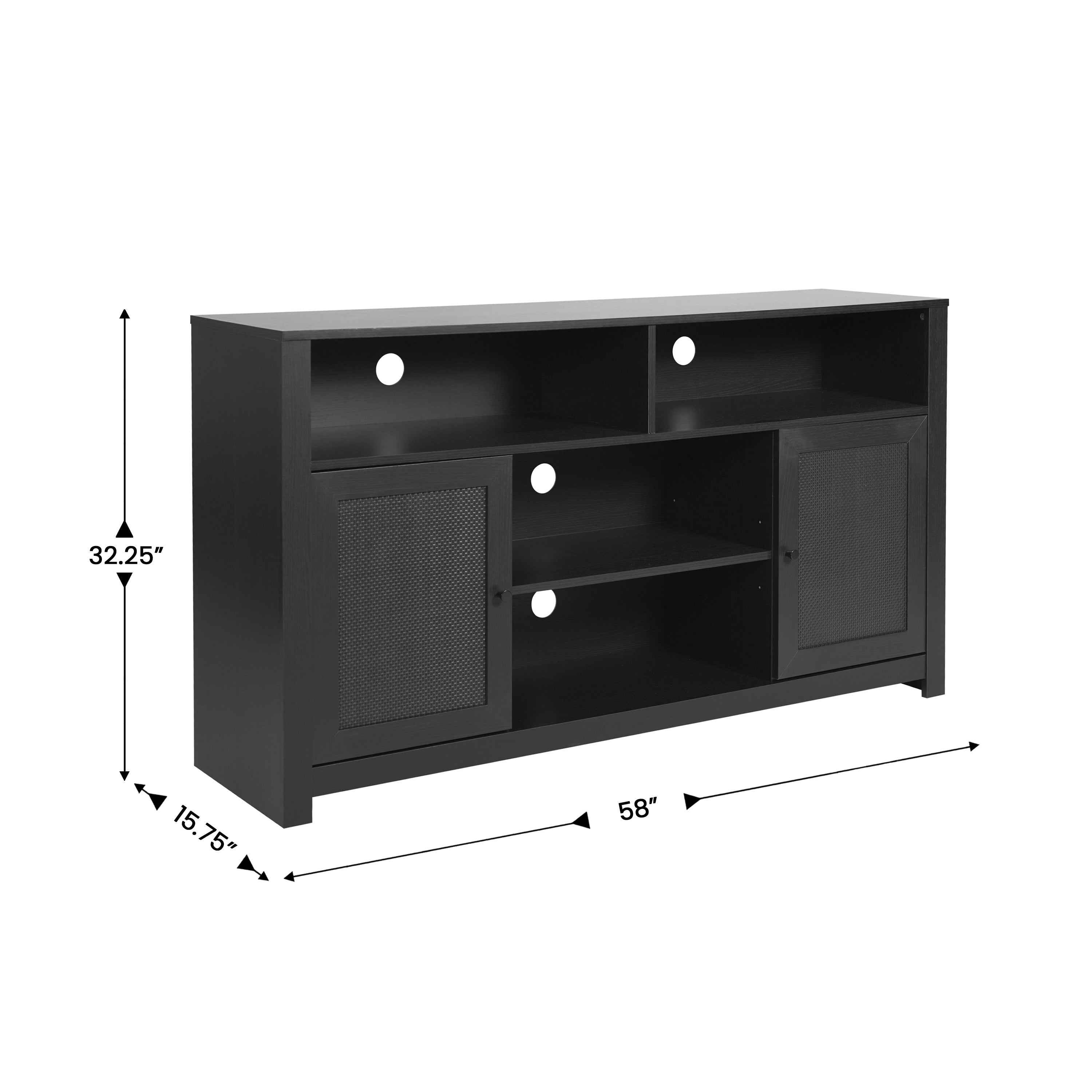 Malaki Mid-Century Modern 58 Inch Buffet Sideboard with 2 Soft Close Doors and Adjustable Center Shelf, TV Stand for up to 65" TV's, Black/Rattan
