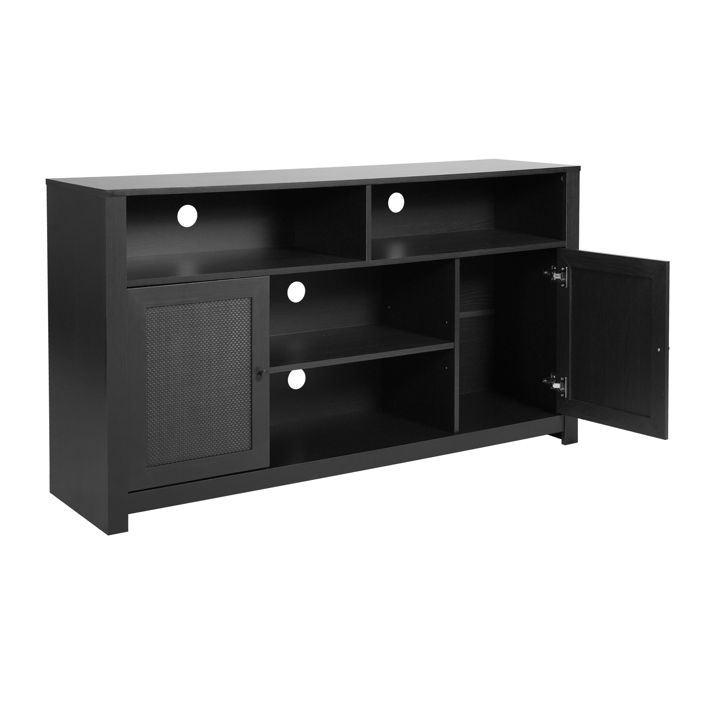Malaki Mid-Century Modern 58 Inch Buffet Sideboard with 2 Soft Close Doors and Adjustable Center Shelf, TV Stand for up to 65" TV's, Black/Rattan