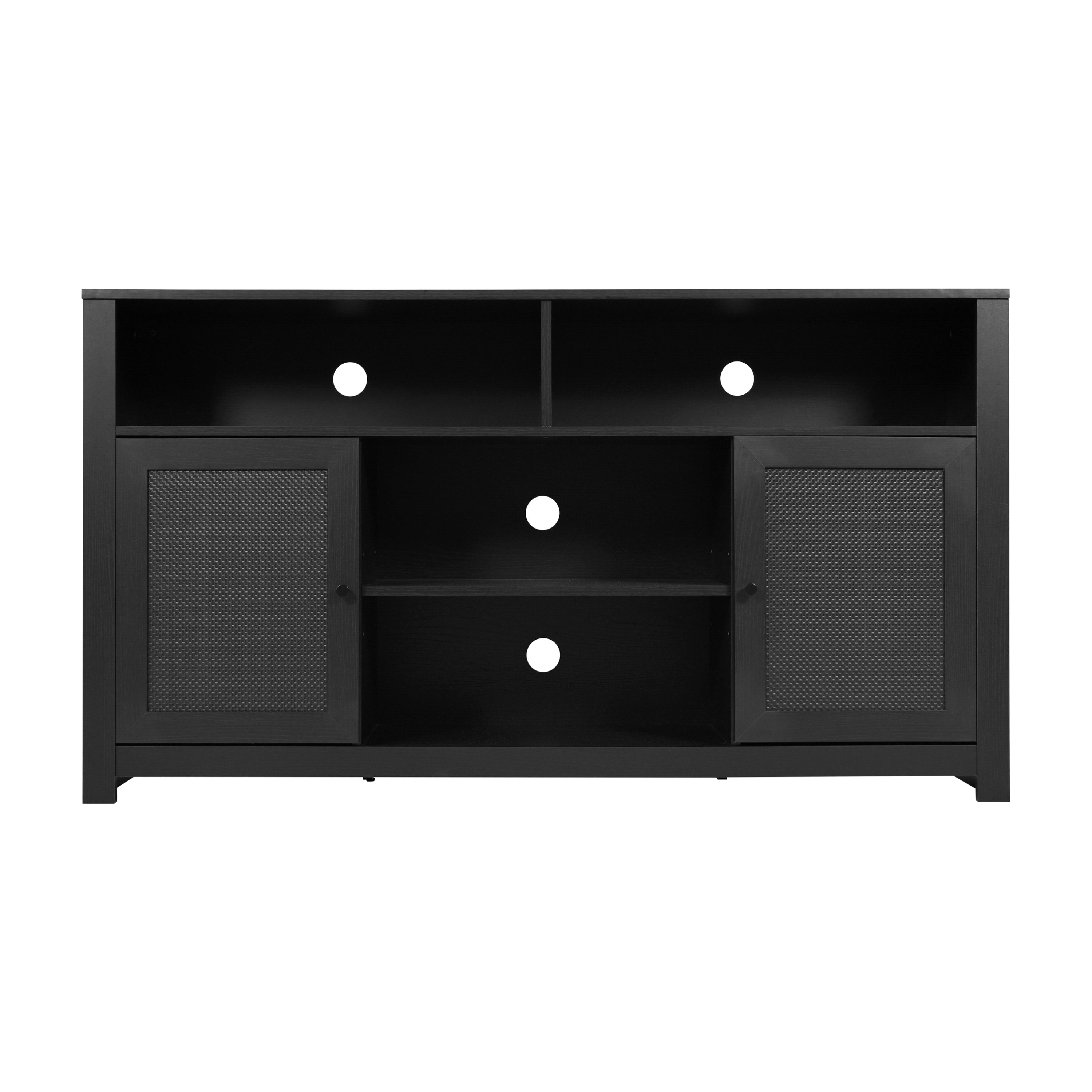 Malaki Mid-Century Modern 58 Inch Buffet Sideboard with 2 Soft Close Doors and Adjustable Center Shelf, TV Stand for up to 65" TV's, Black/Rattan