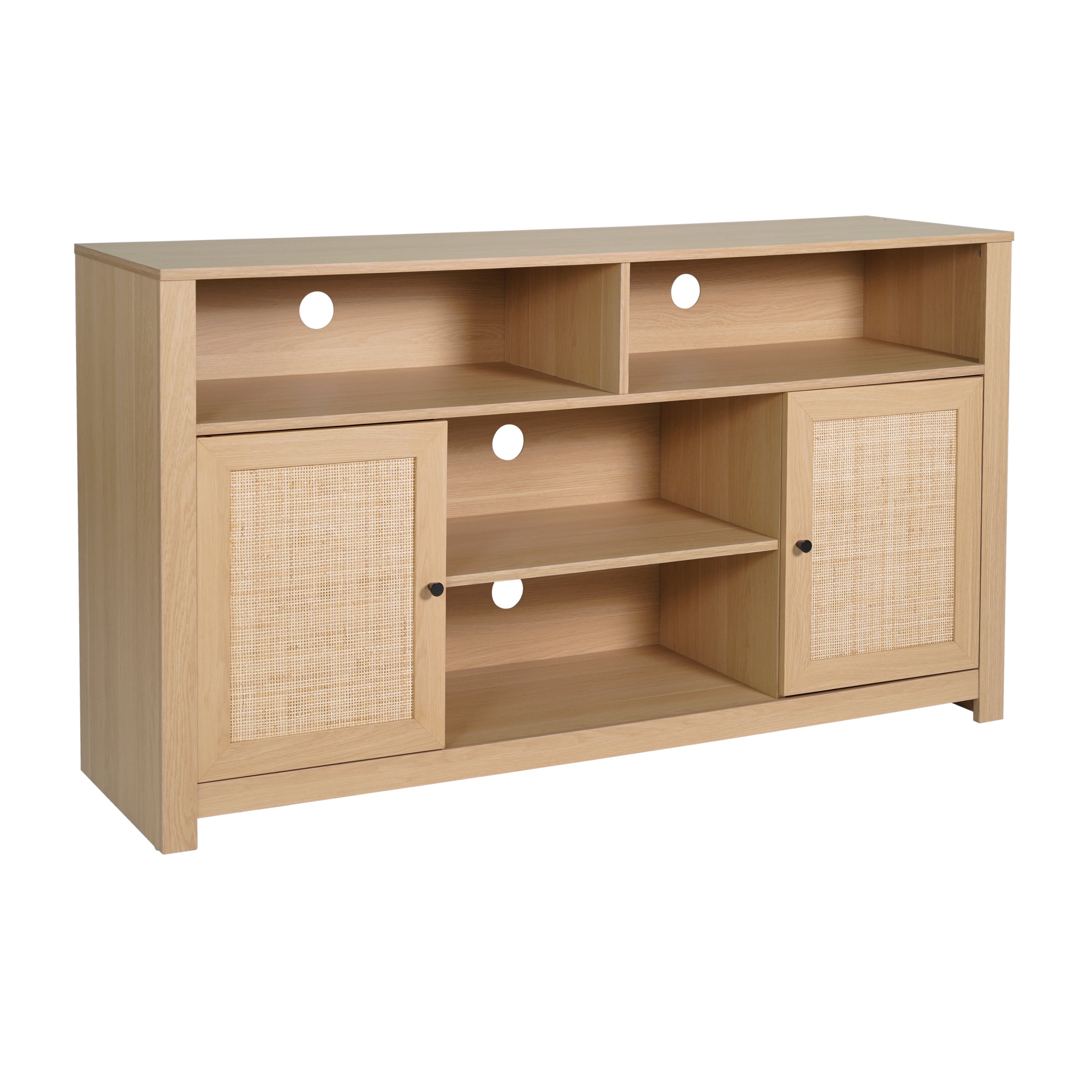 Malaki Mid-Century Modern 58 Inch Buffet Sideboard with 2 Soft Close Doors and Adjustable Center Shelf, TV Stand for up to 65" TV's, Natural/Rattan