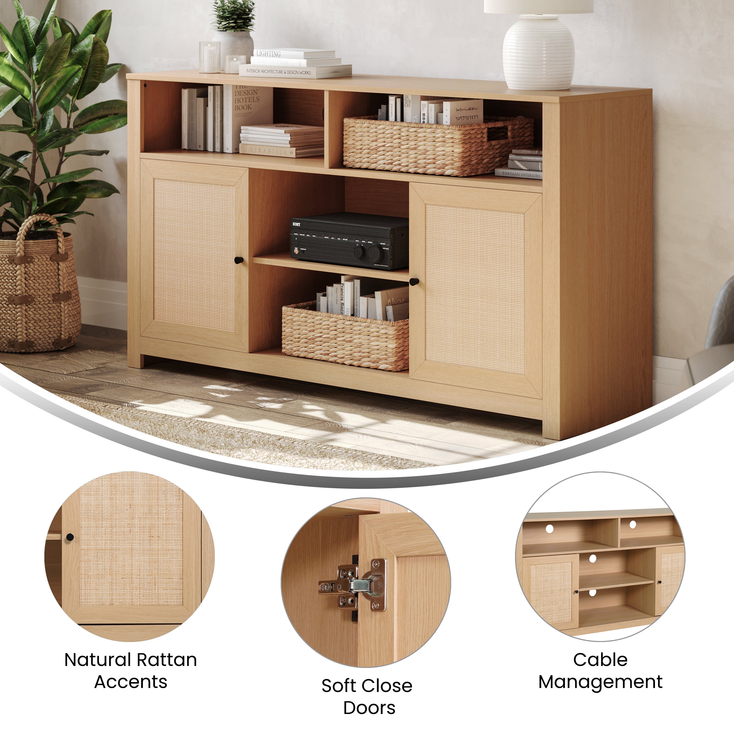 Malaki Mid-Century Modern 58 Inch Buffet Sideboard with 2 Soft Close Doors and Adjustable Center Shelf, TV Stand for up to 65" TV's, Natural/Rattan