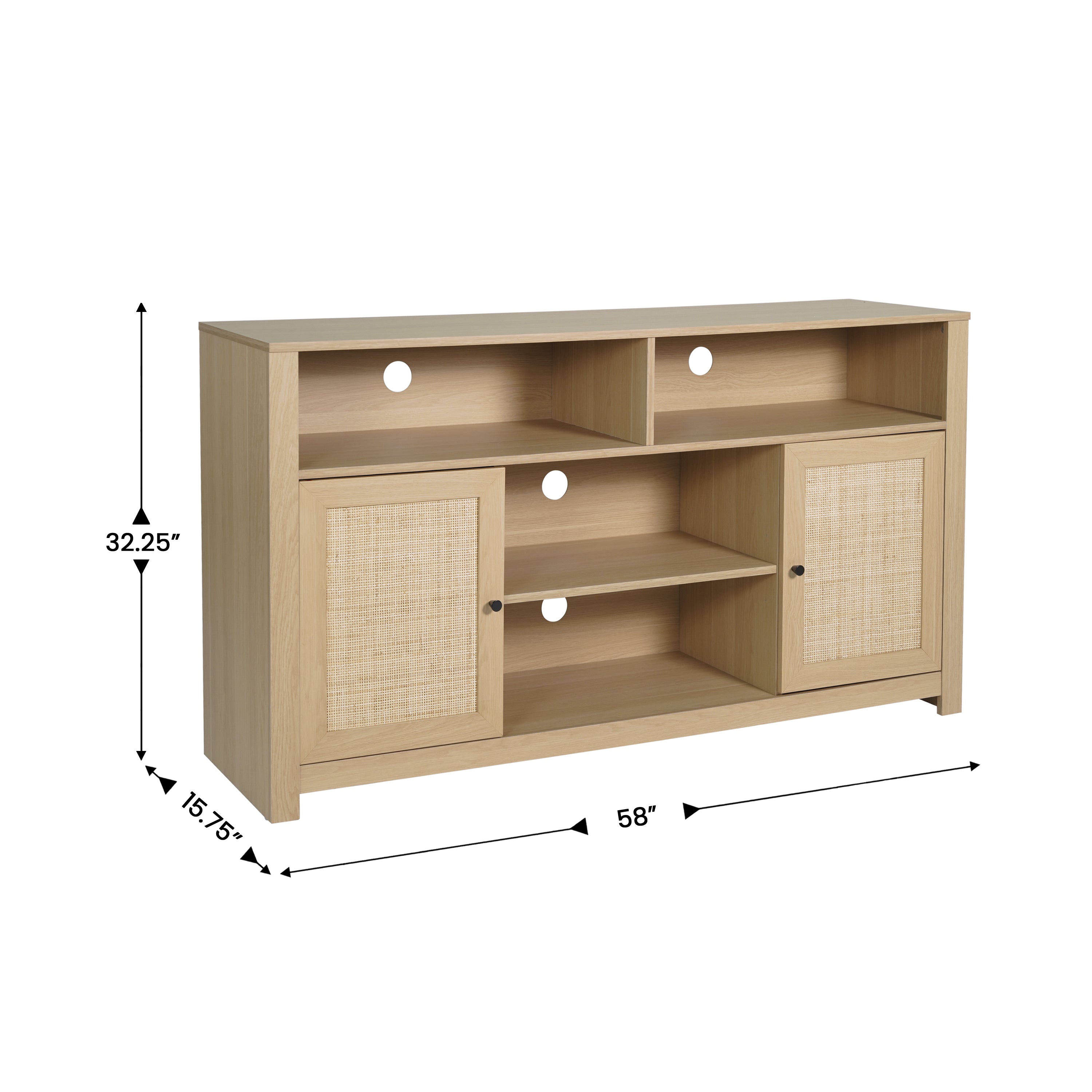 Malaki Mid-Century Modern 58 Inch Buffet Sideboard with 2 Soft Close Doors and Adjustable Center Shelf, TV Stand for up to 65" TV's, Natural/Rattan