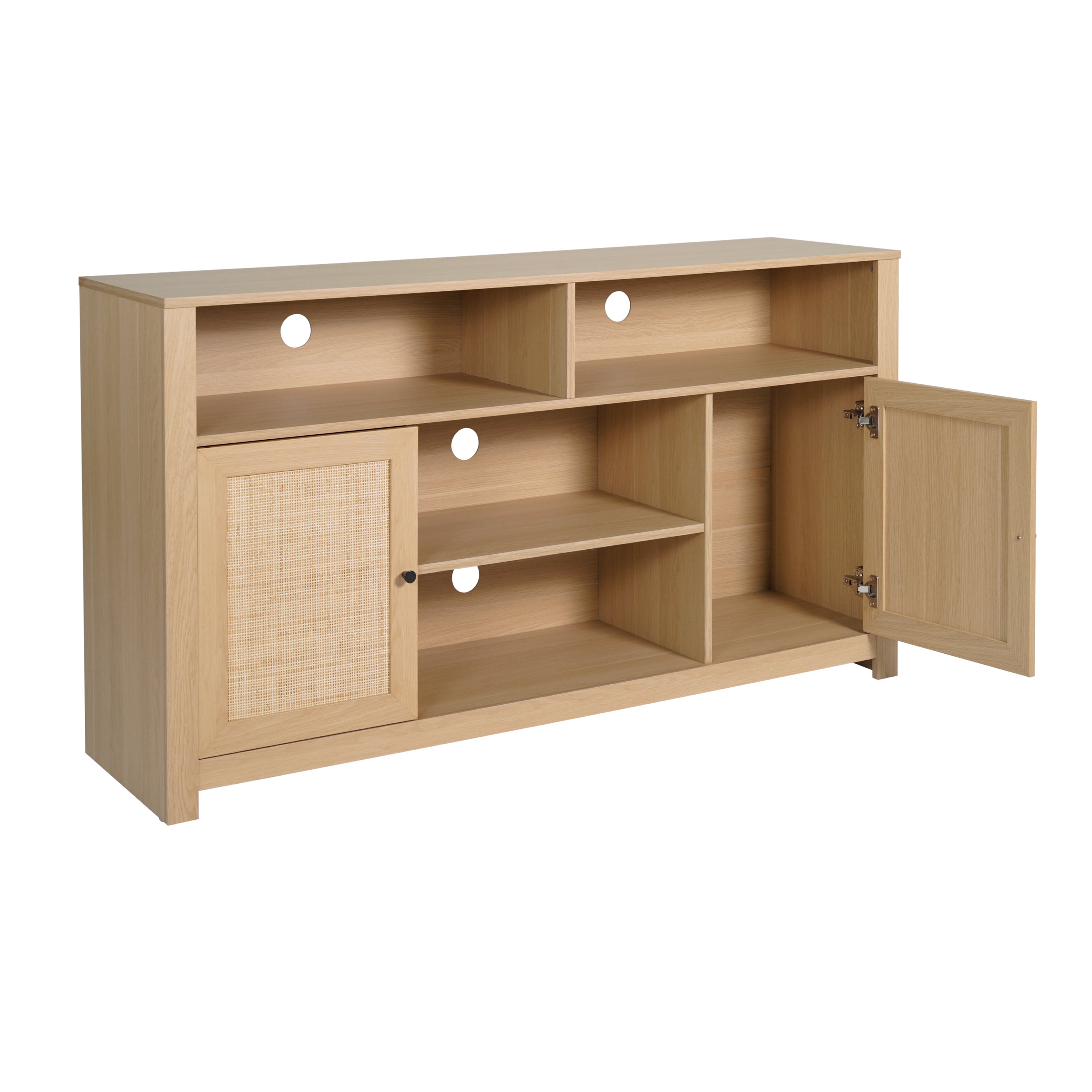Malaki Mid-Century Modern 58 Inch Buffet Sideboard with 2 Soft Close Doors and Adjustable Center Shelf, TV Stand for up to 65" TV's, Natural/Rattan