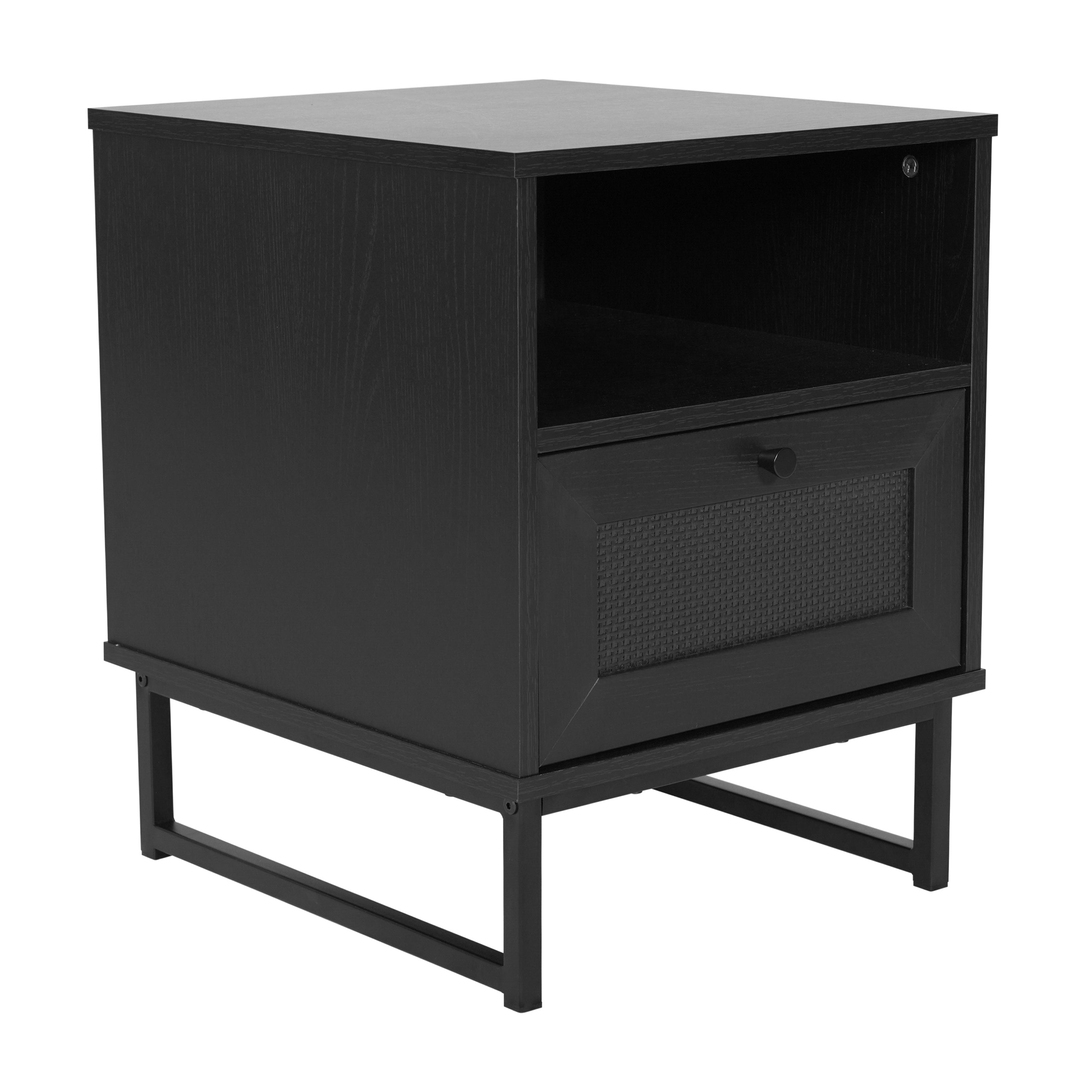 Malaki Mid-Century Modern Nightstand or End Table with Rattan Accented Drawer, Open Upper Shelf, and Metal Legs in Black