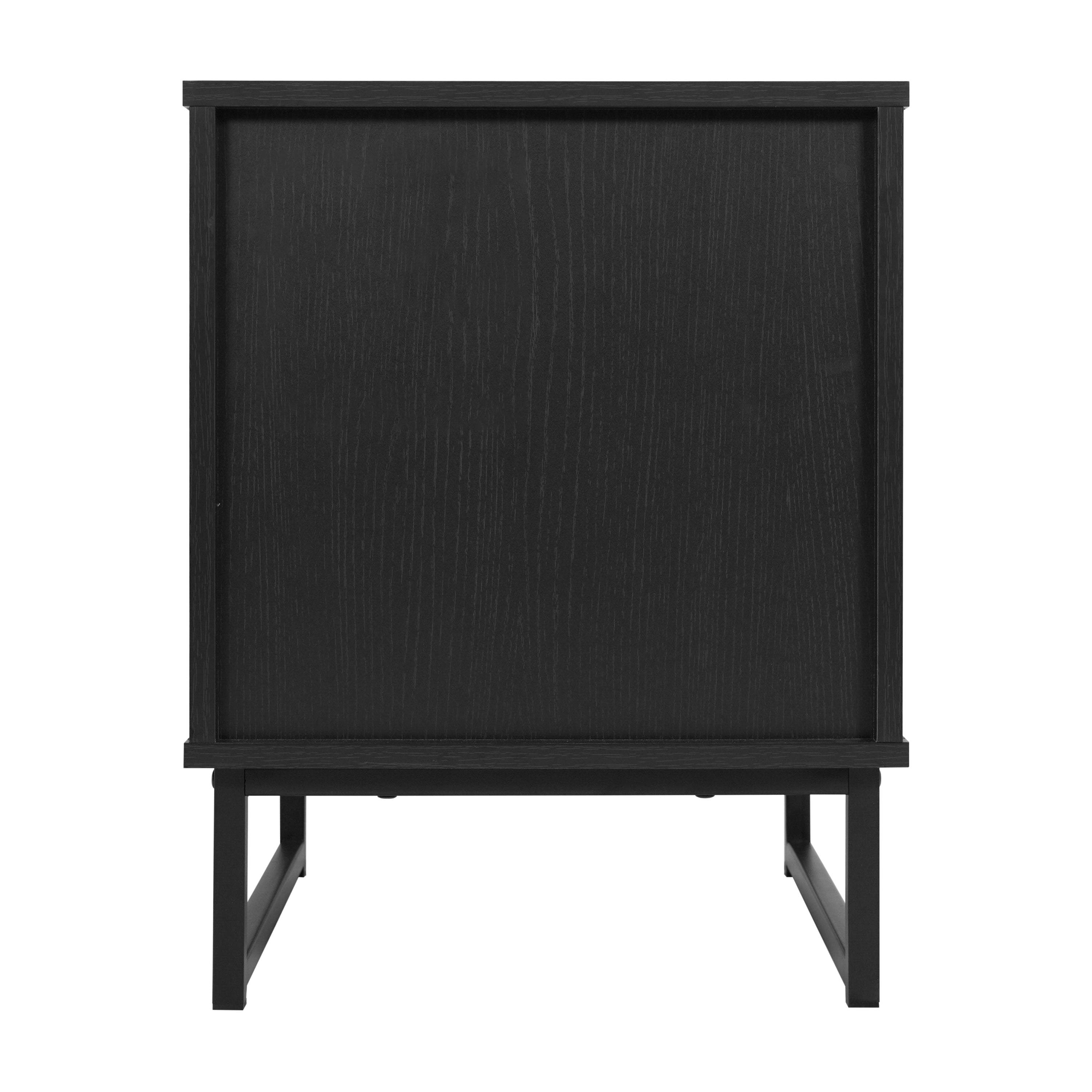Malaki Mid-Century Modern Nightstand or End Table with Rattan Accented Drawer, Open Upper Shelf, and Metal Legs in Black