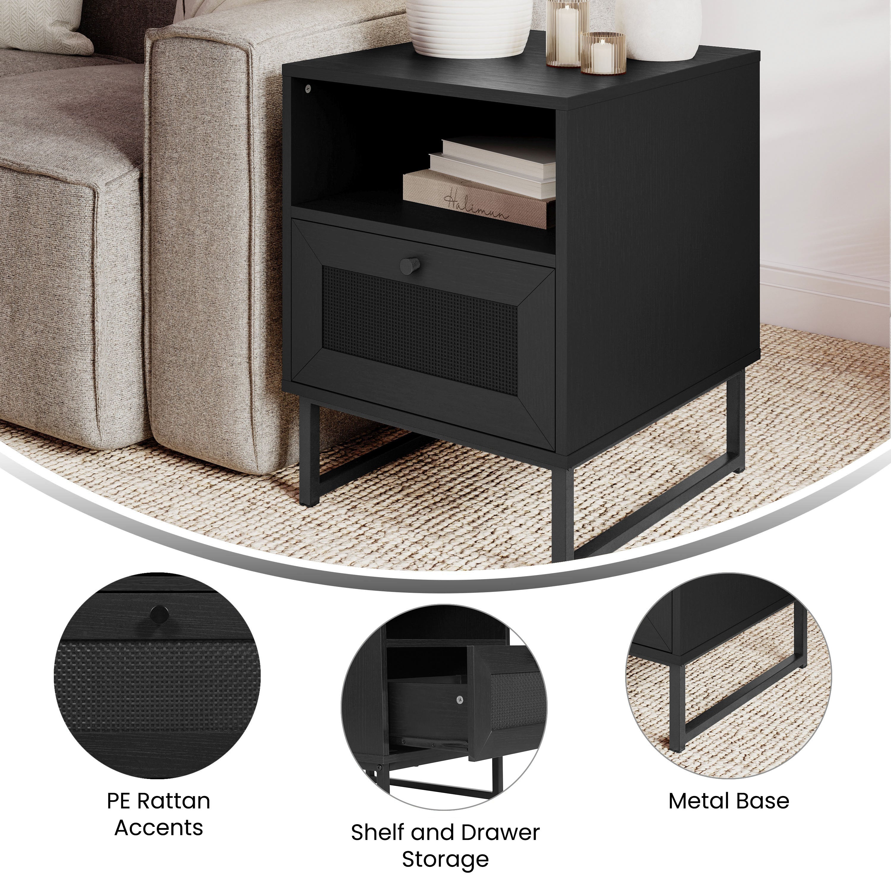 Malaki Mid-Century Modern Nightstand or End Table with Rattan Accented Drawer, Open Upper Shelf, and Metal Legs in Black