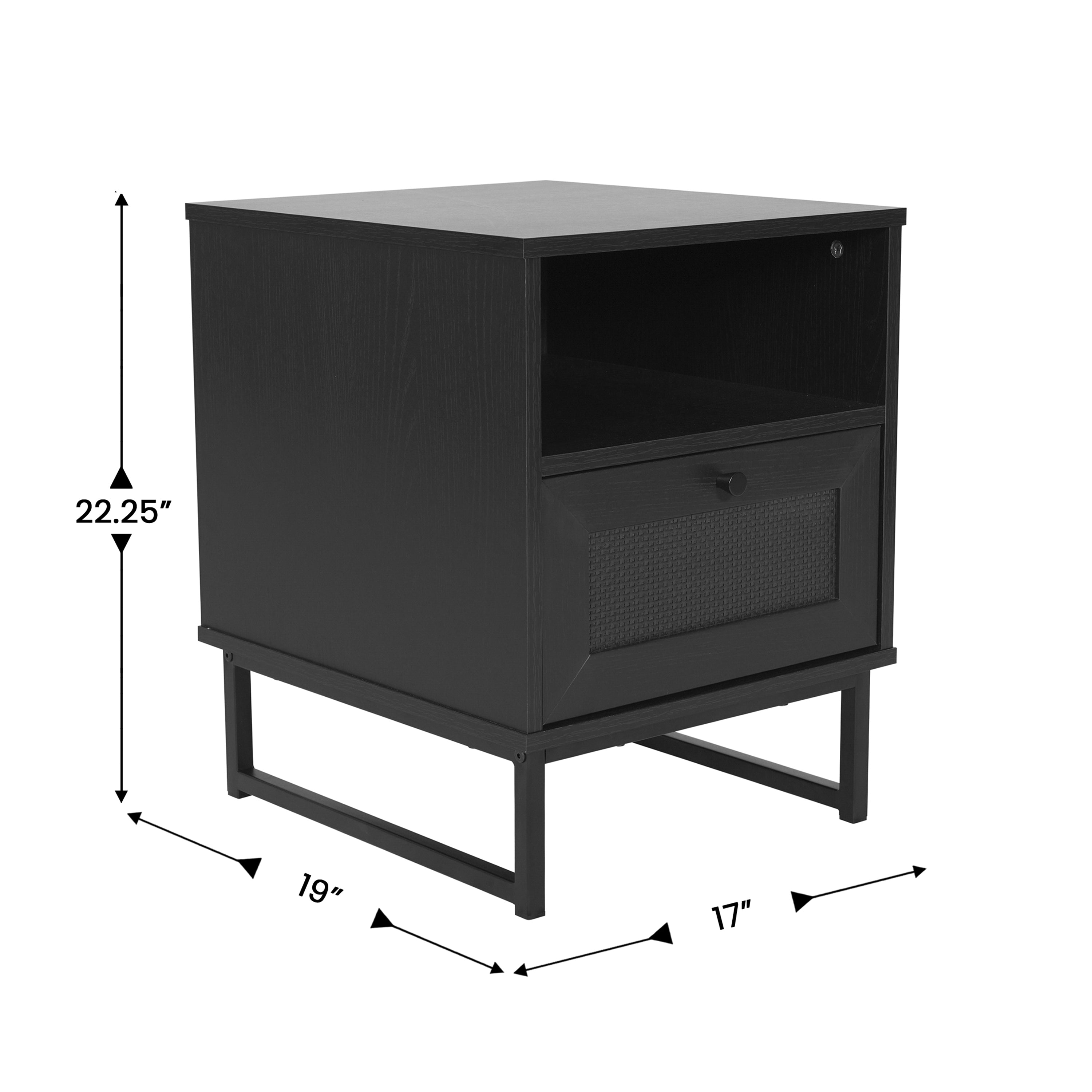 Malaki Mid-Century Modern Nightstand or End Table with Rattan Accented Drawer, Open Upper Shelf, and Metal Legs in Black