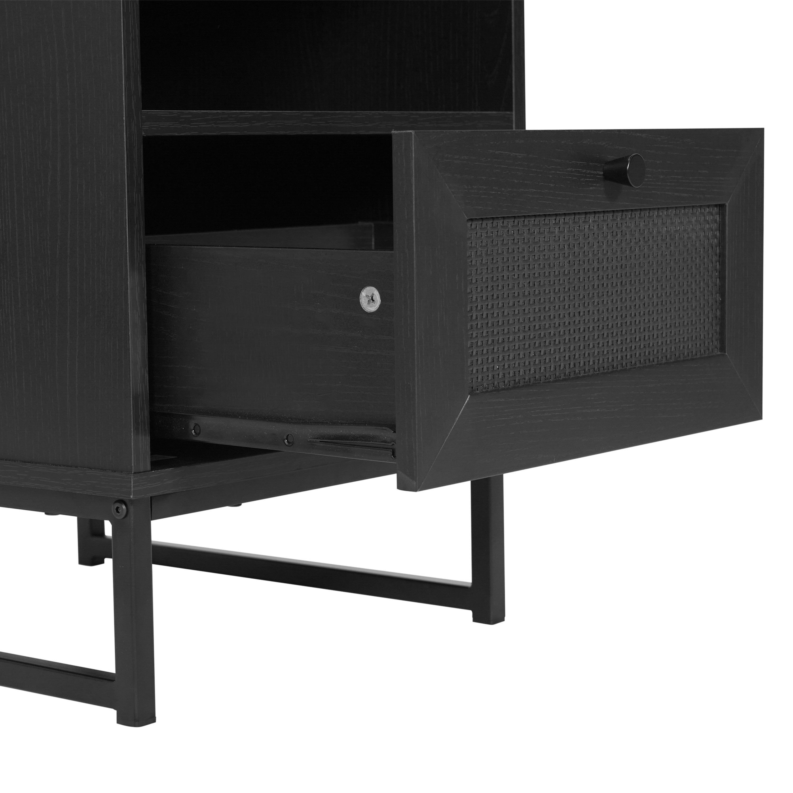 Malaki Set of 2 Mid-Century Modern Nightstands or End Tables with Rattan Accented Drawers, Open Upper Shelves, and Metal Legs in Black