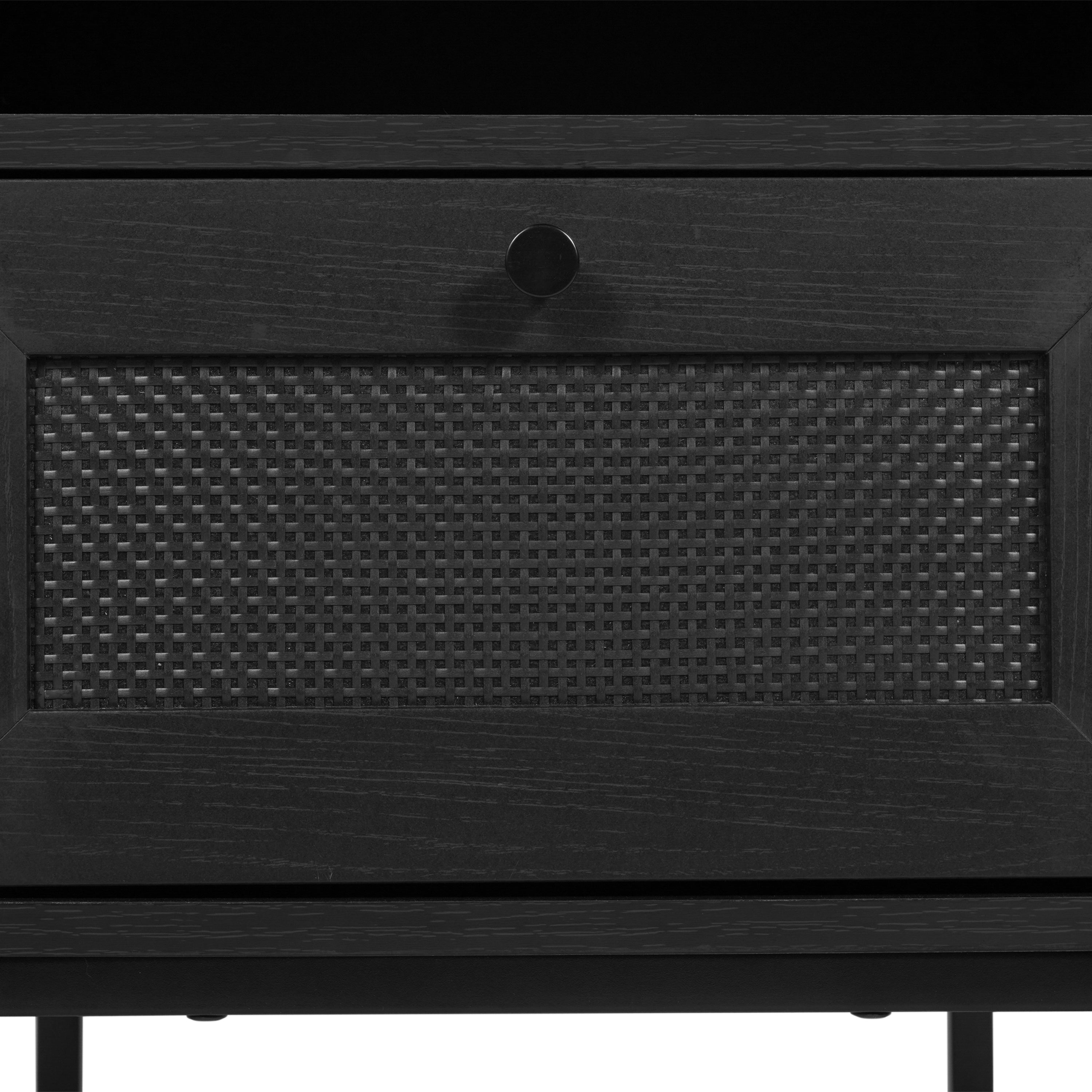 Malaki Mid-Century Modern Nightstand or End Table with Rattan Accented Drawer, Open Upper Shelf, and Metal Legs in Black