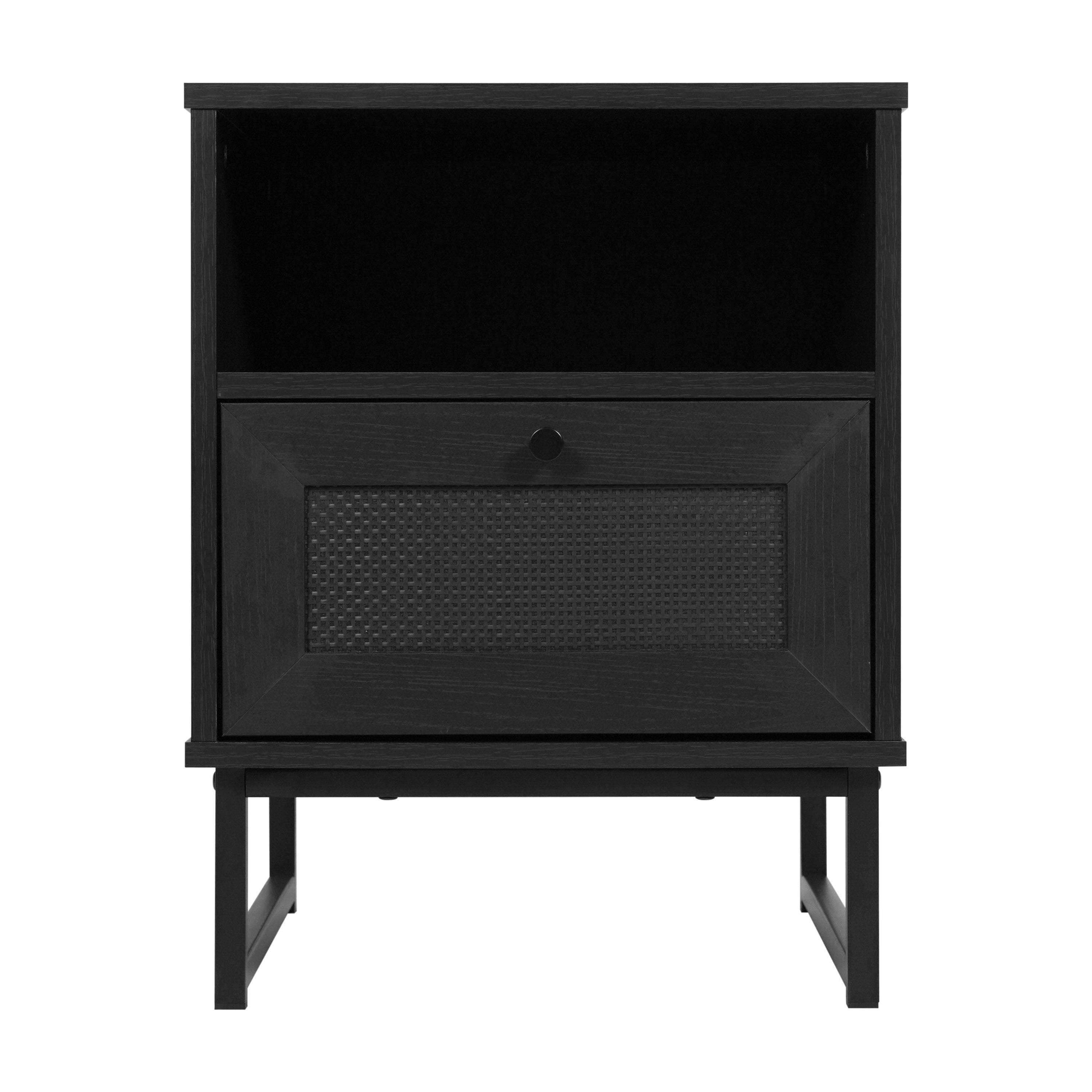Malaki Mid-Century Modern Nightstand or End Table with Rattan Accented Drawer, Open Upper Shelf, and Metal Legs in Black