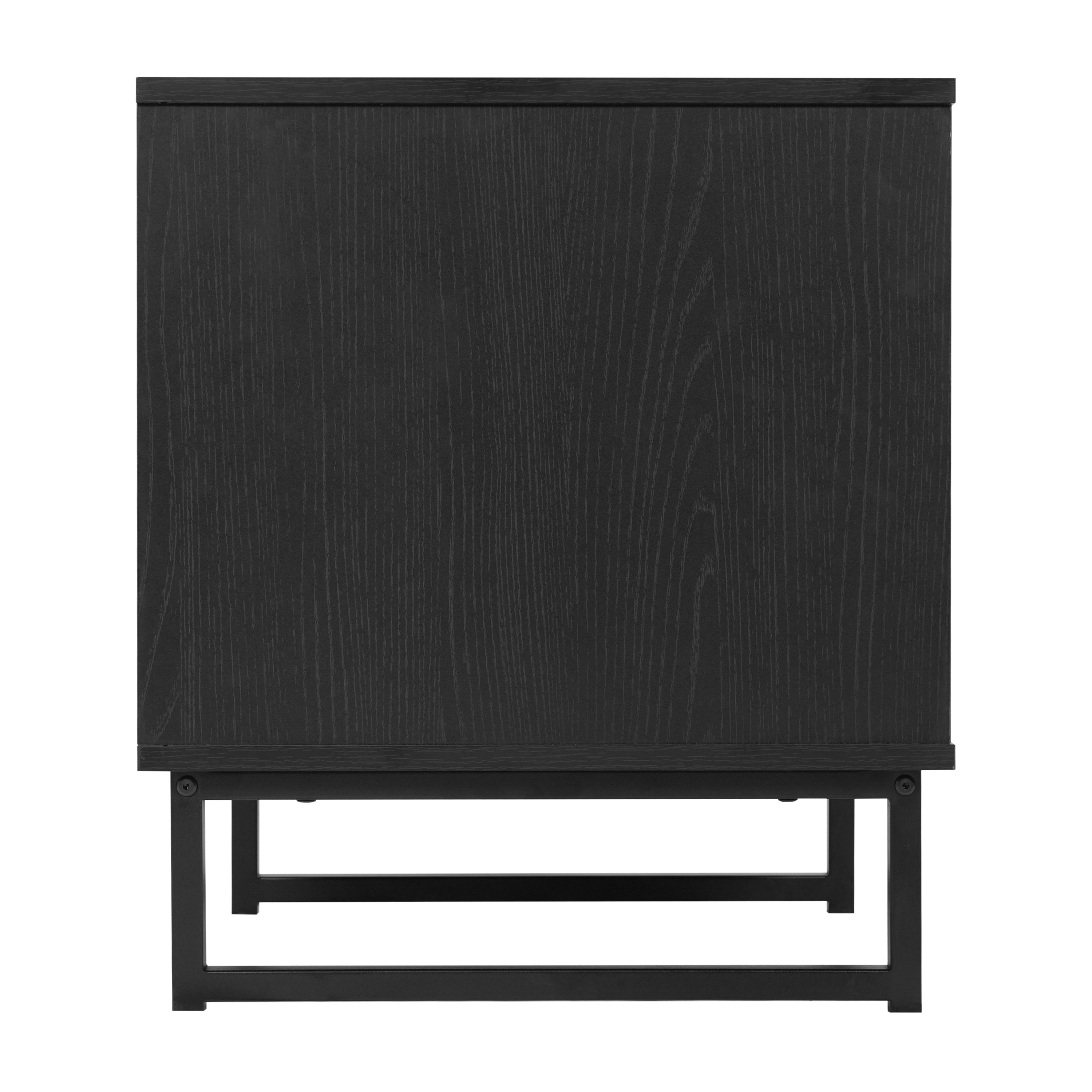 Malaki Mid-Century Modern Nightstand or End Table with Rattan Accented Drawer, Open Upper Shelf, and Metal Legs in Black