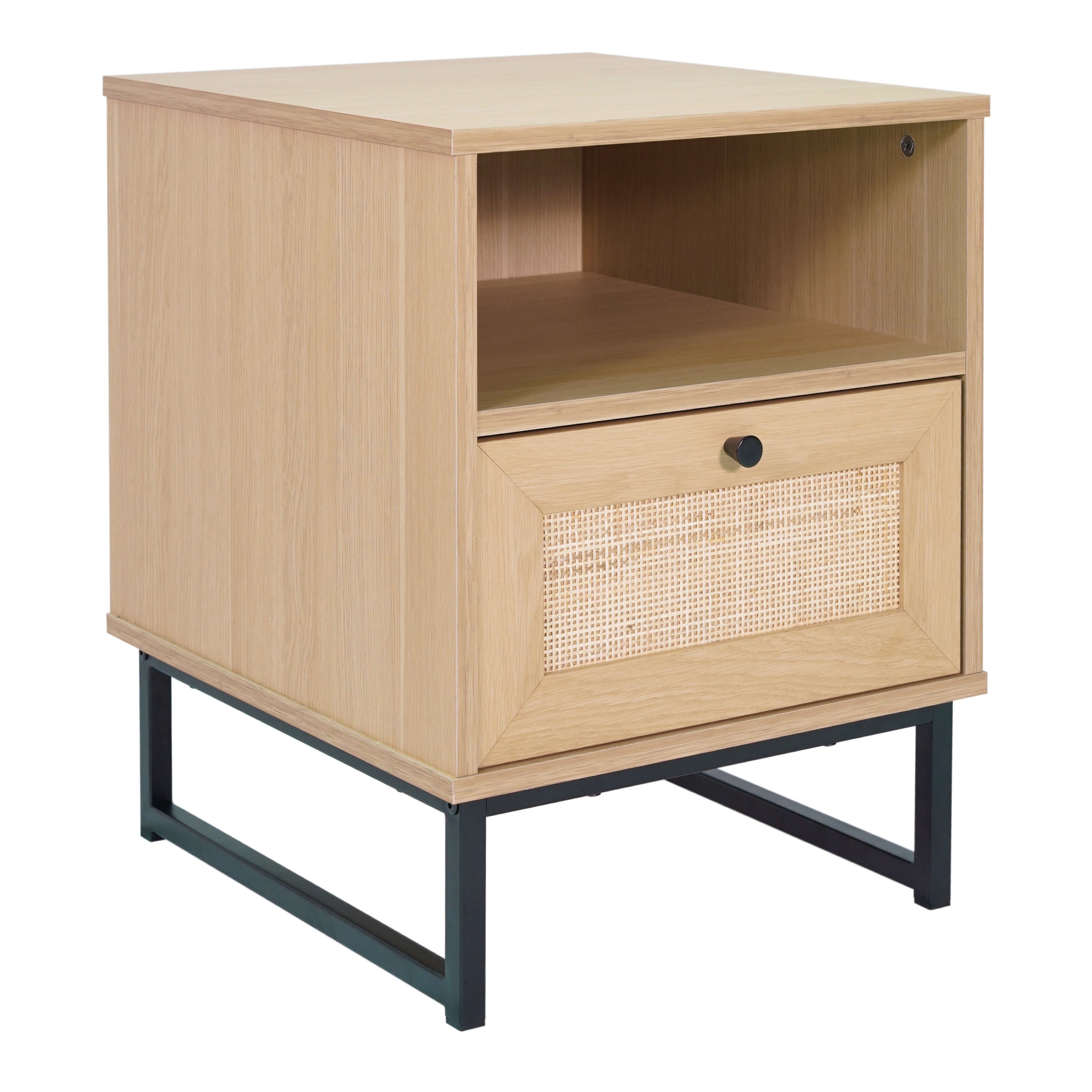 Malaki Mid-Century Modern Nightstand or End Table with Rattan Accented Drawer, Open Upper Shelf, and Metal Legs in Natural