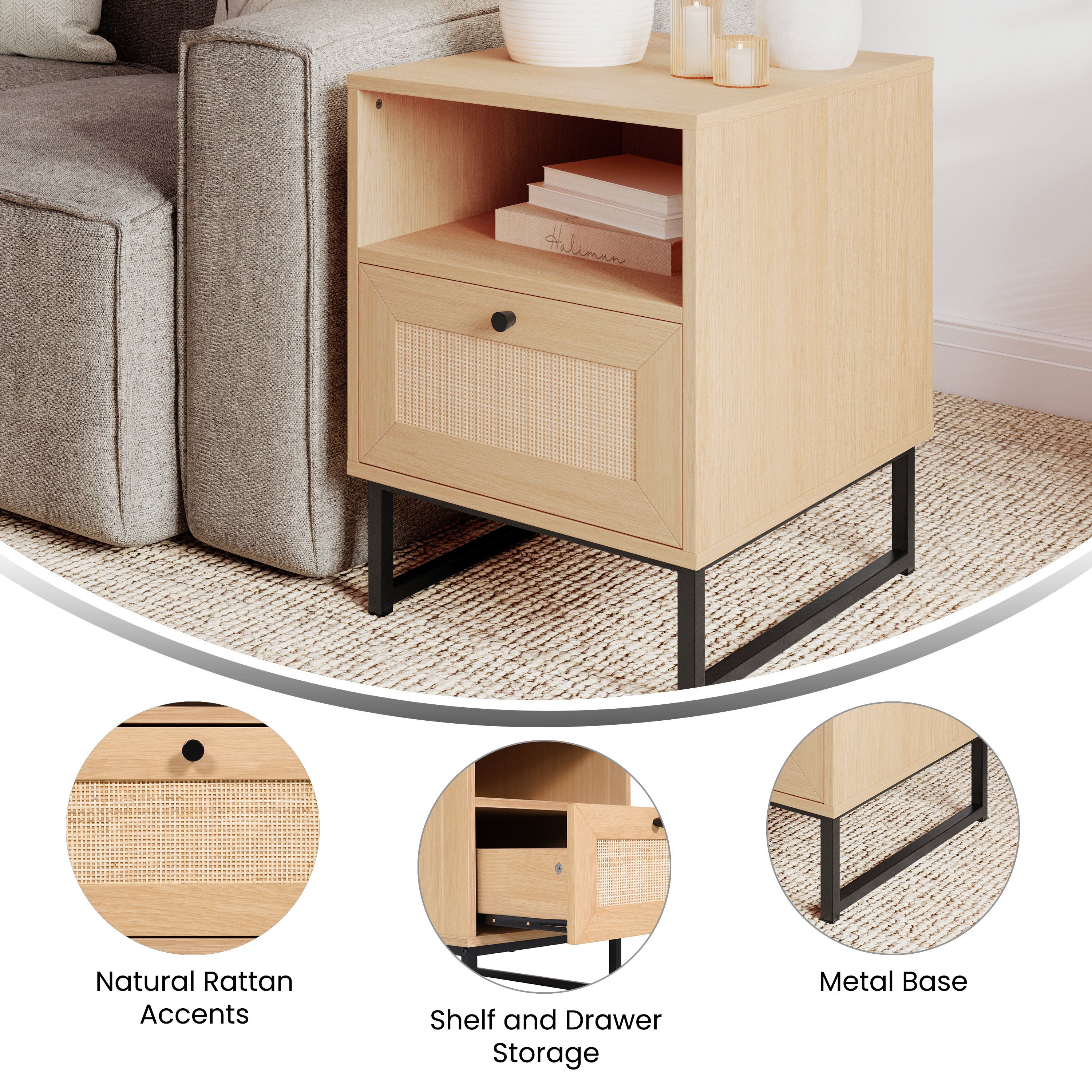 Malaki Mid-Century Modern Nightstand or End Table with Rattan Accented Drawer, Open Upper Shelf, and Metal Legs in Natural