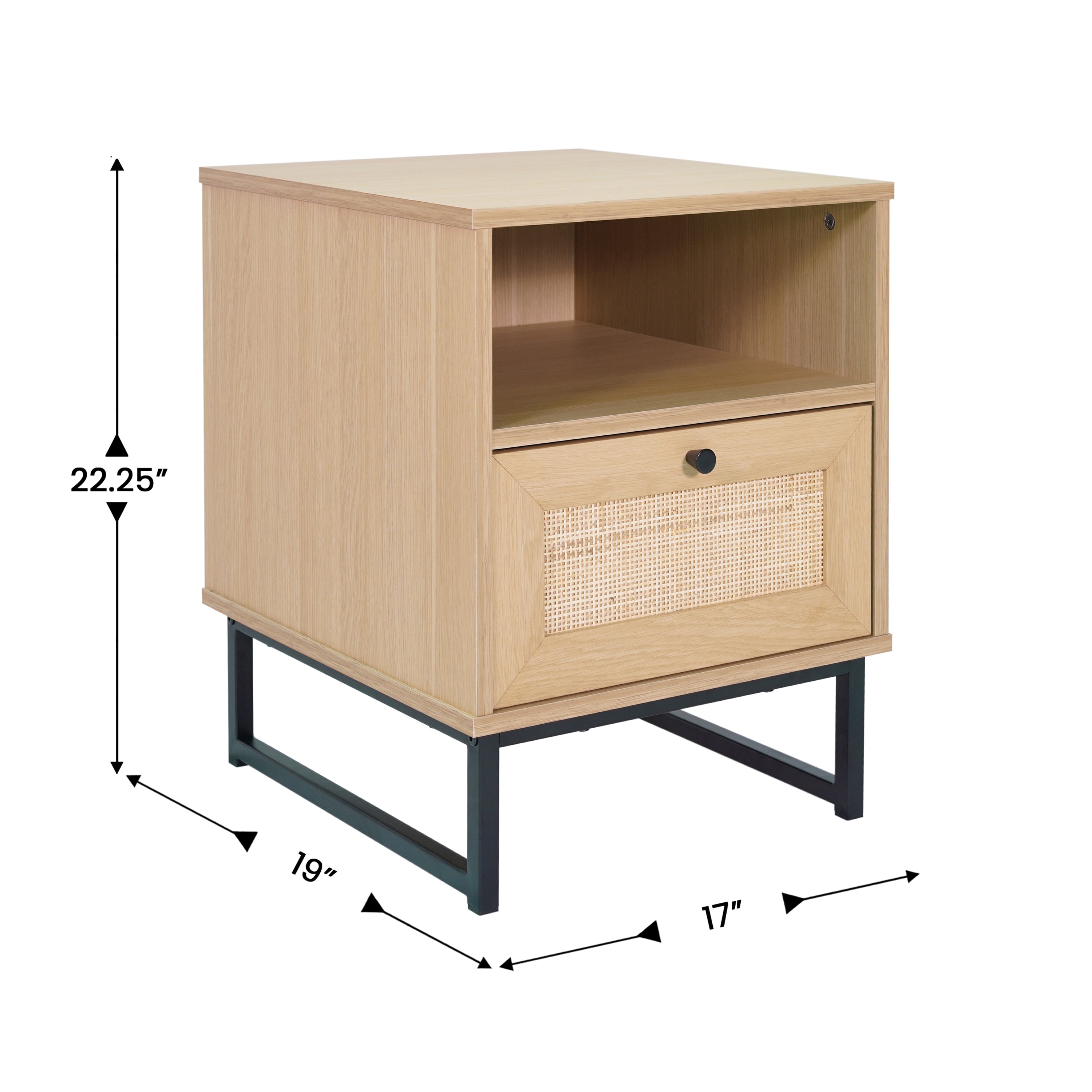 Malaki Mid-Century Modern Nightstand or End Table with Rattan Accented Drawer, Open Upper Shelf, and Metal Legs in Natural
