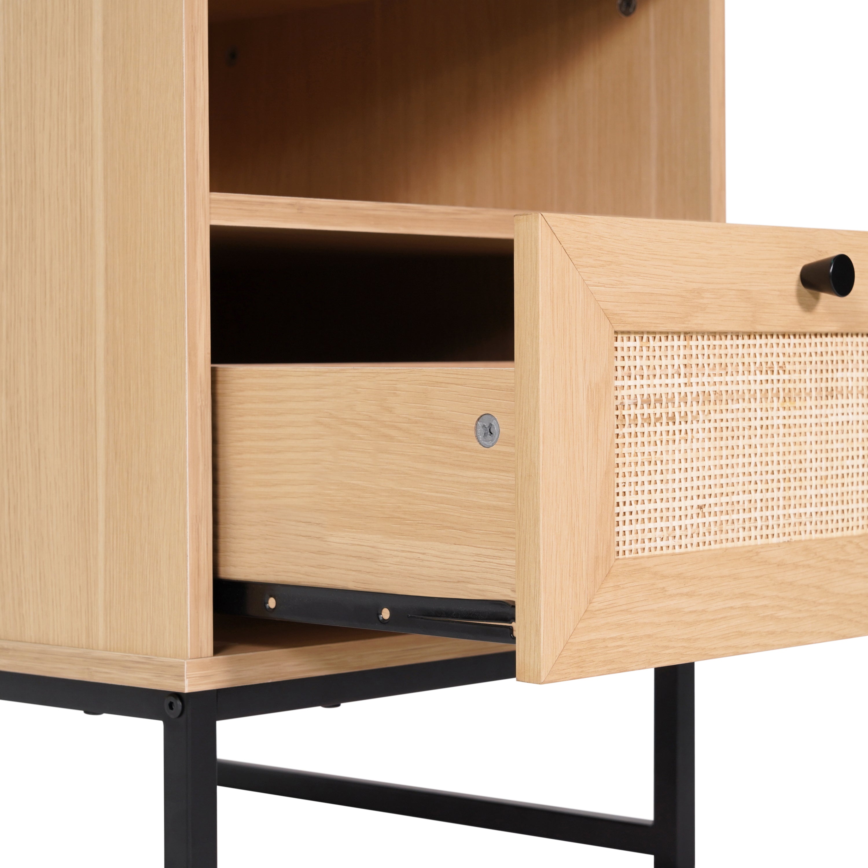 Malaki Set of 2 Mid-Century Modern Nightstands or End Tables with Rattan Accented Drawers, Open Upper Shelves, and Metal Legs in Natural