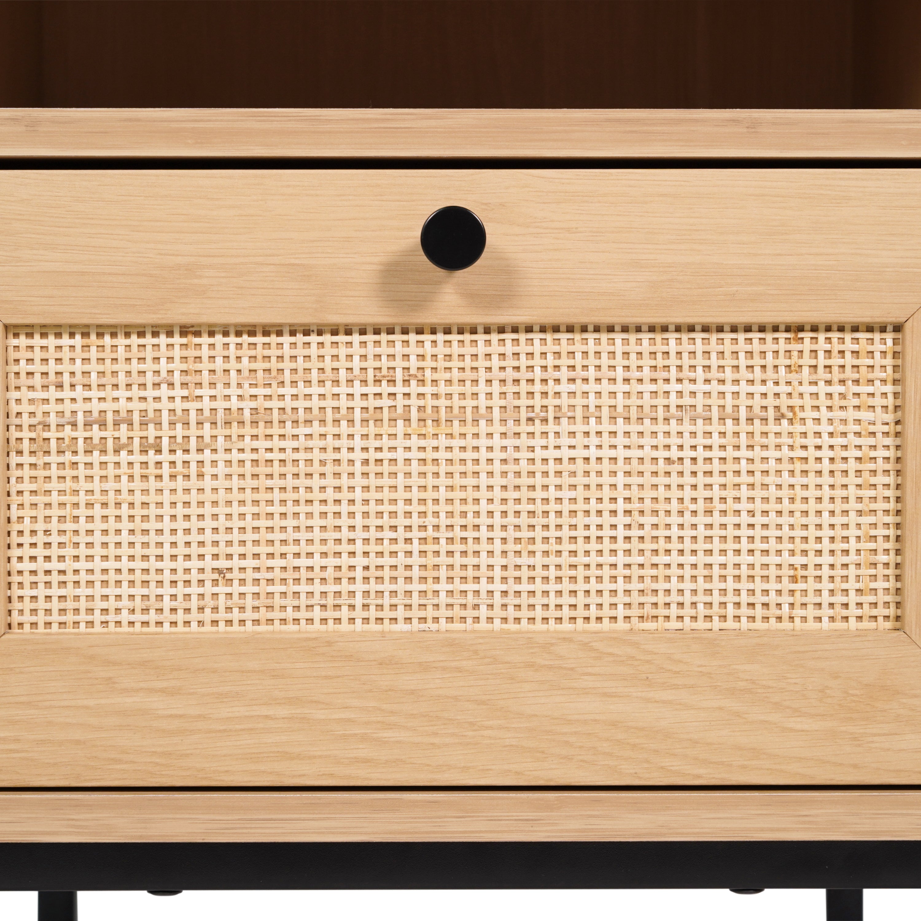 Malaki Mid-Century Modern Nightstand or End Table with Rattan Accented Drawer, Open Upper Shelf, and Metal Legs in Natural