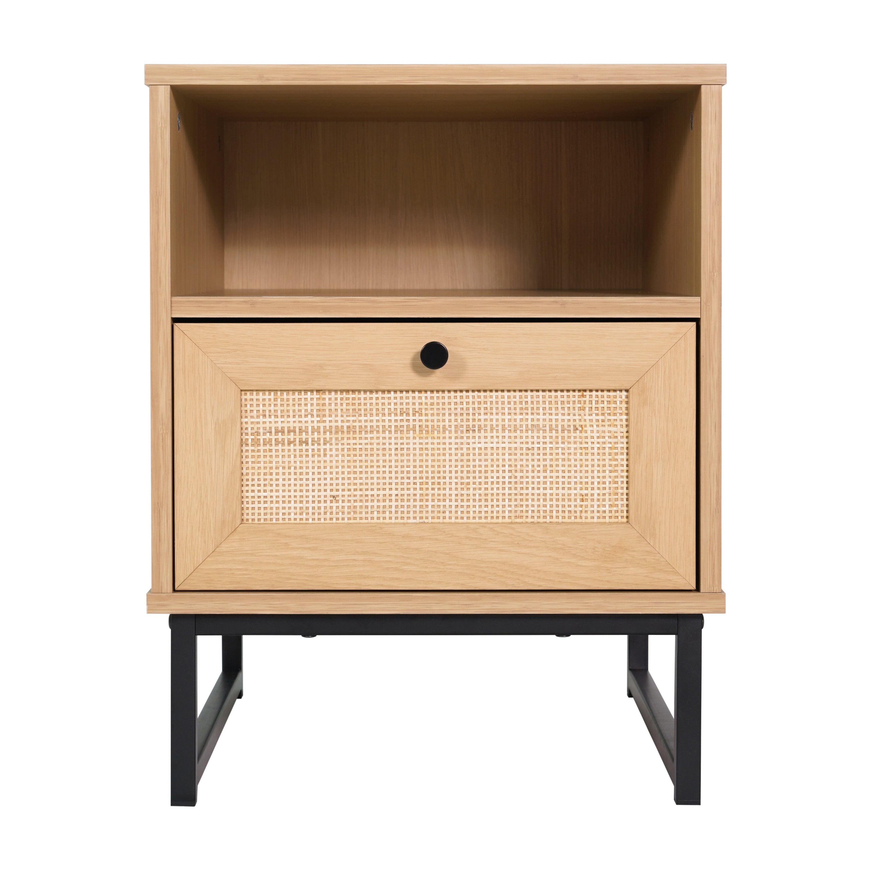 Malaki Mid-Century Modern Nightstand or End Table with Rattan Accented Drawer, Open Upper Shelf, and Metal Legs in Natural